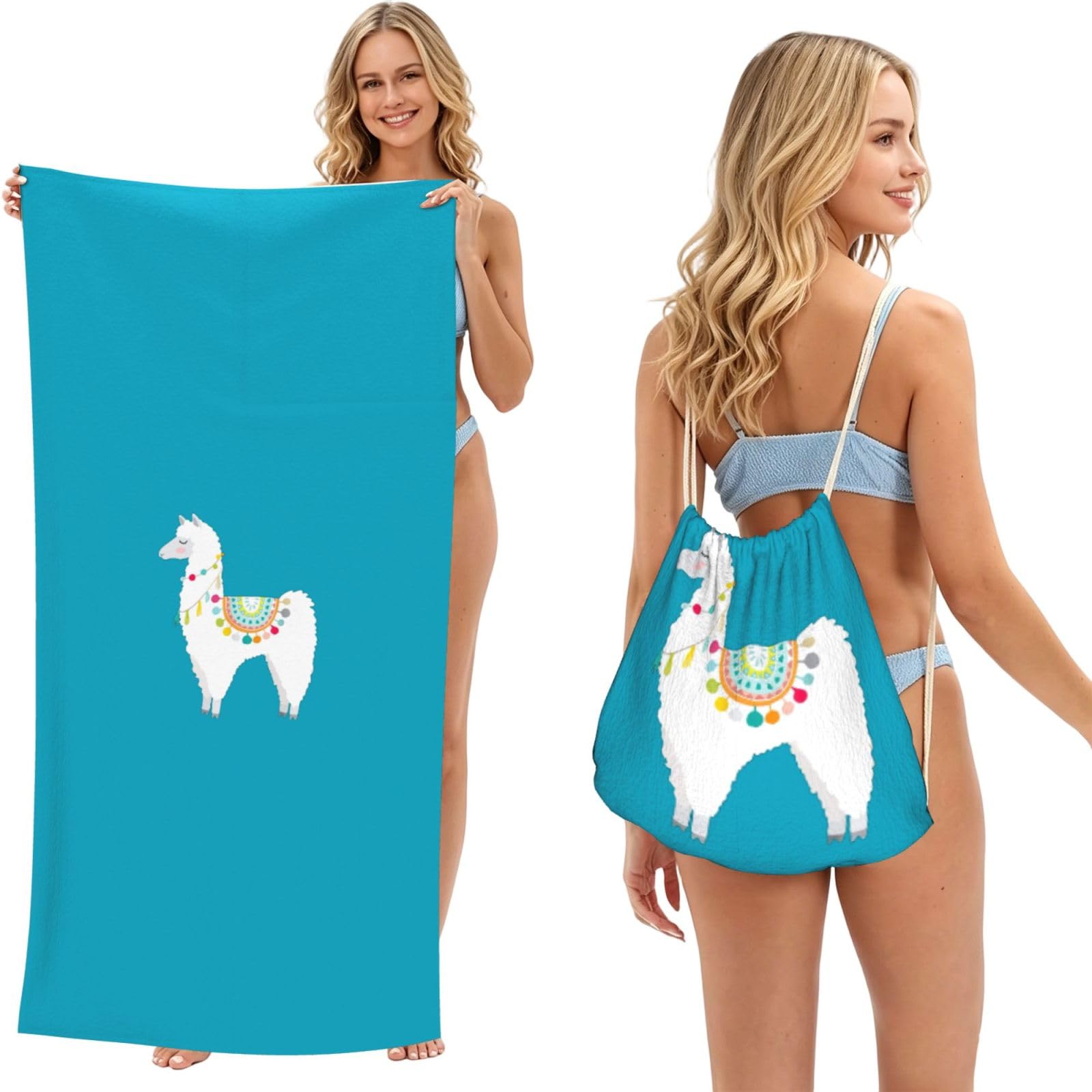 aacxzff Llama Print 2 in 1 Packable Towel Bag, Drawstring Beach Towel Backpack,80x160cm for Beach trips