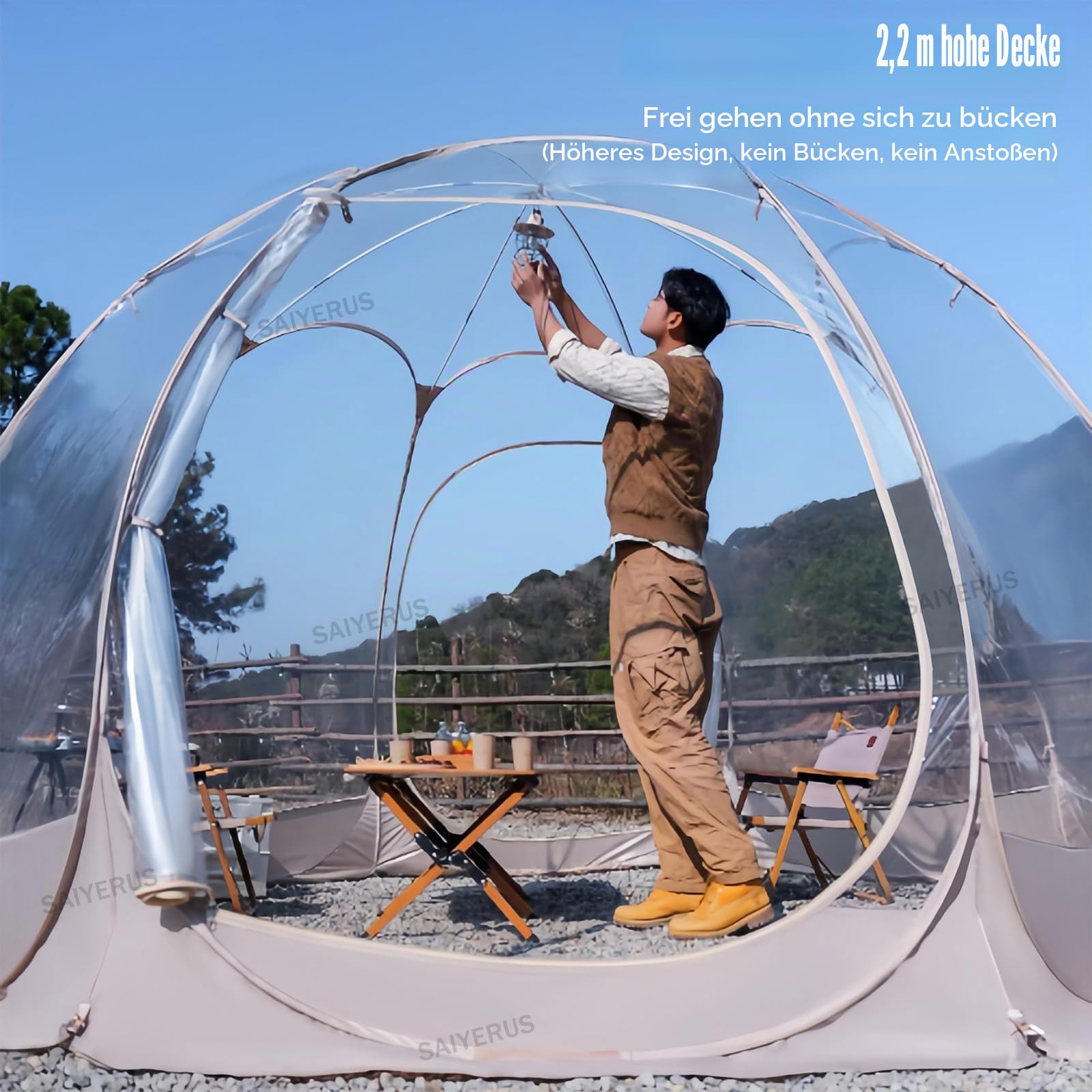 Iglu-Zelt Bubble Garden Dome Bubble Tent, wetterfestes wasserdichtes Ber-Large Transparent TPU Instant Pop Up Gazebo mit LED-Licht, 8-10 Personen Camping Party Hochzeit (Grau 3,6x3,6x2,2 m)