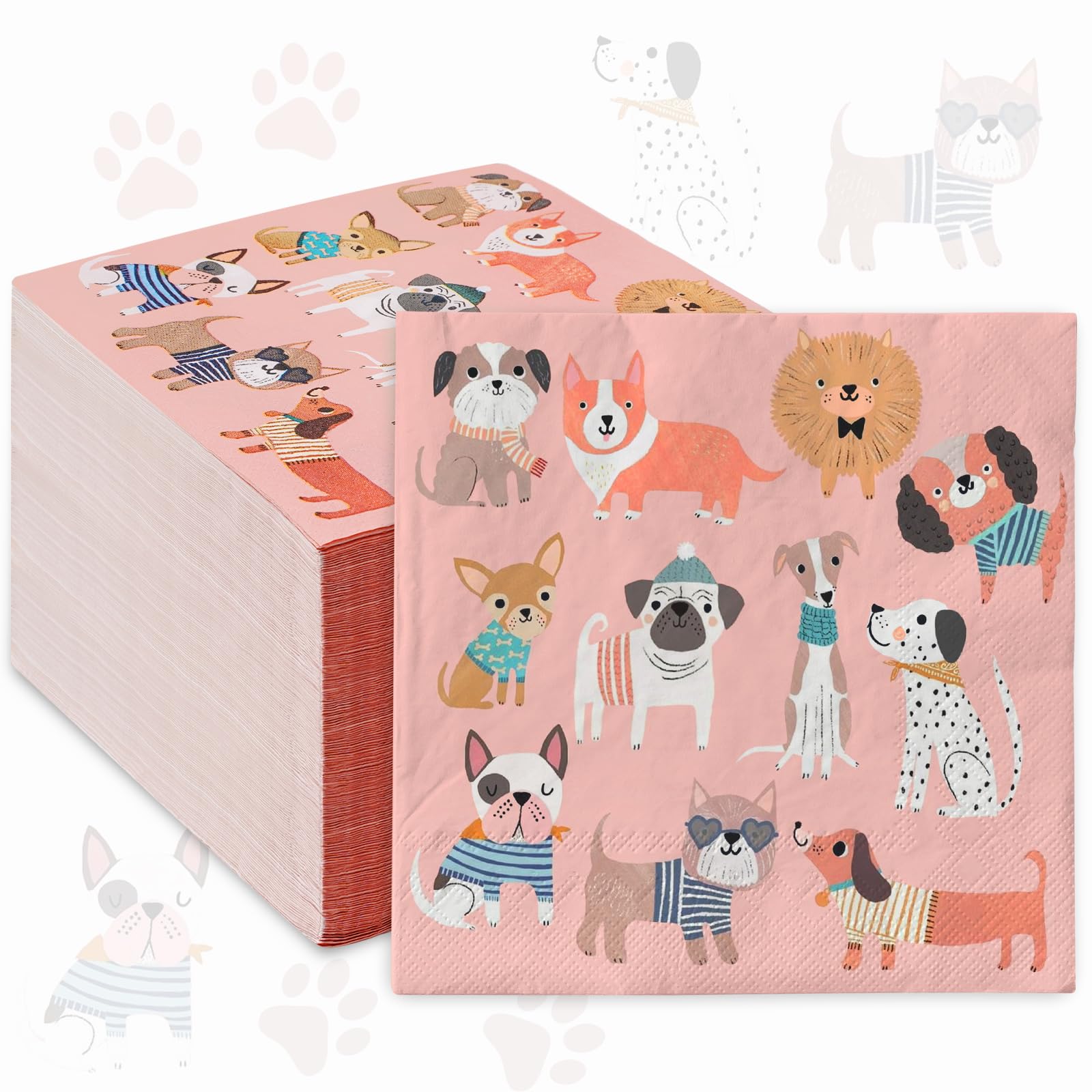 80Pcs Dog Paper Napkins Cartoon Pet Puppy Disposable Luncheon Napkin Pink Dessert Dinner Hand Napkin for Dog Birthday Party Supplies