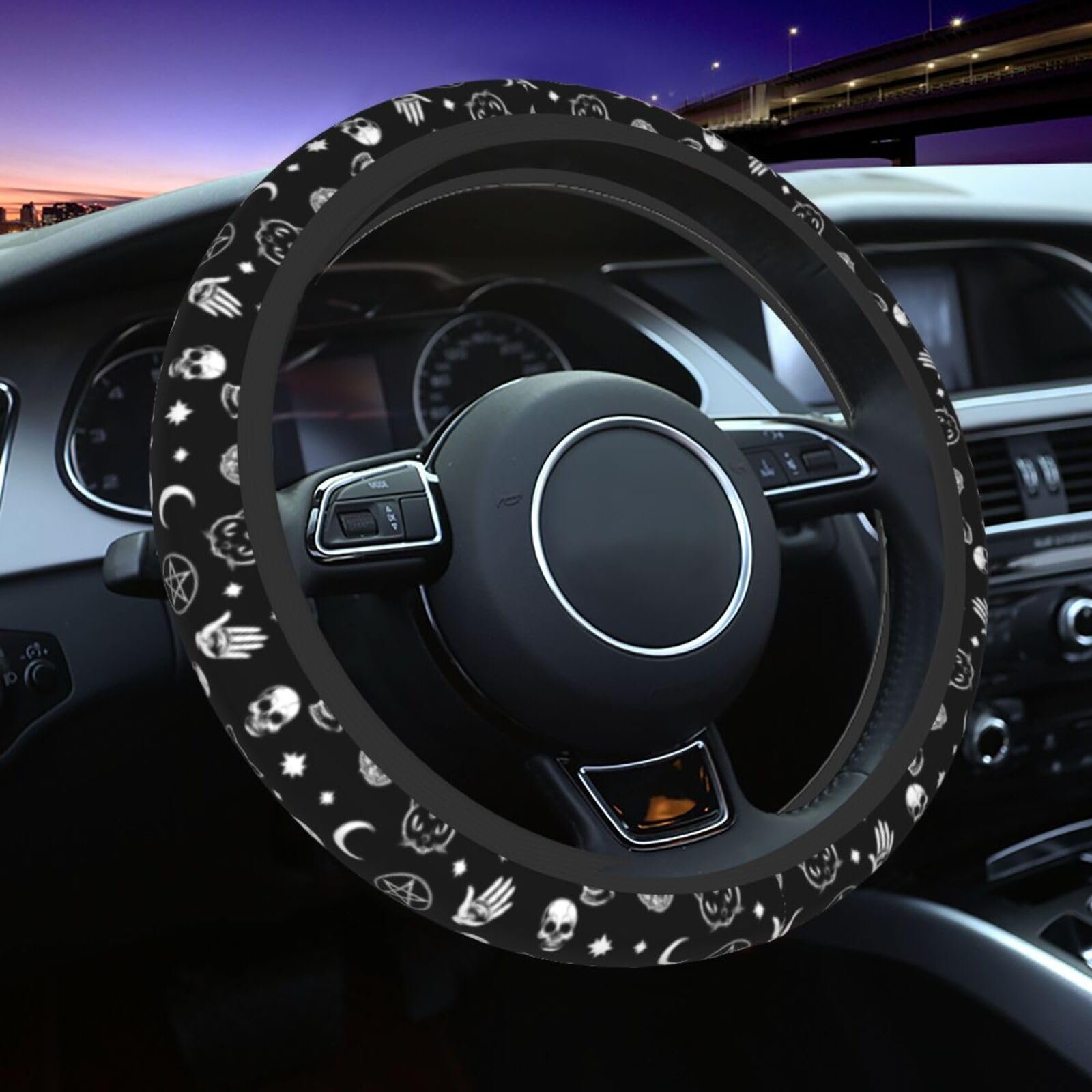 Gothic Skull Cat Moon Pattern Universal Steering Wheel Cover for Men Women, Halloween Soft Anti Slip Stretch Neoprene Steering Wheel Covers Car