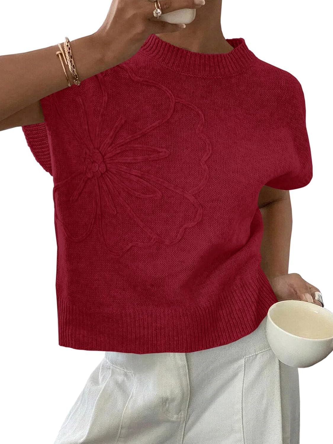 Saodimallsu Womens Short Sleeve Sweater Trendy Floral Pullover Sweaters Summer Casual Crewneck Lightweight Knit Tops