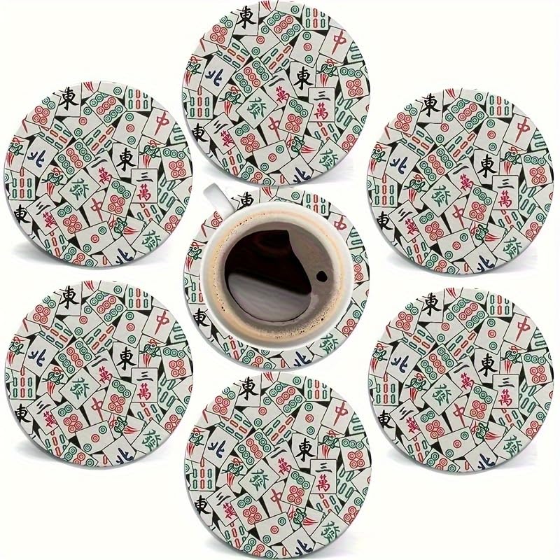 Image of Set of 6 Wooden Coasters with a Mahjong Theme - 4 Inches in Diameter, Featuring a Red and Black Design with Chinese Characters and Flowers, Perfect for Hot and Cold Beverages