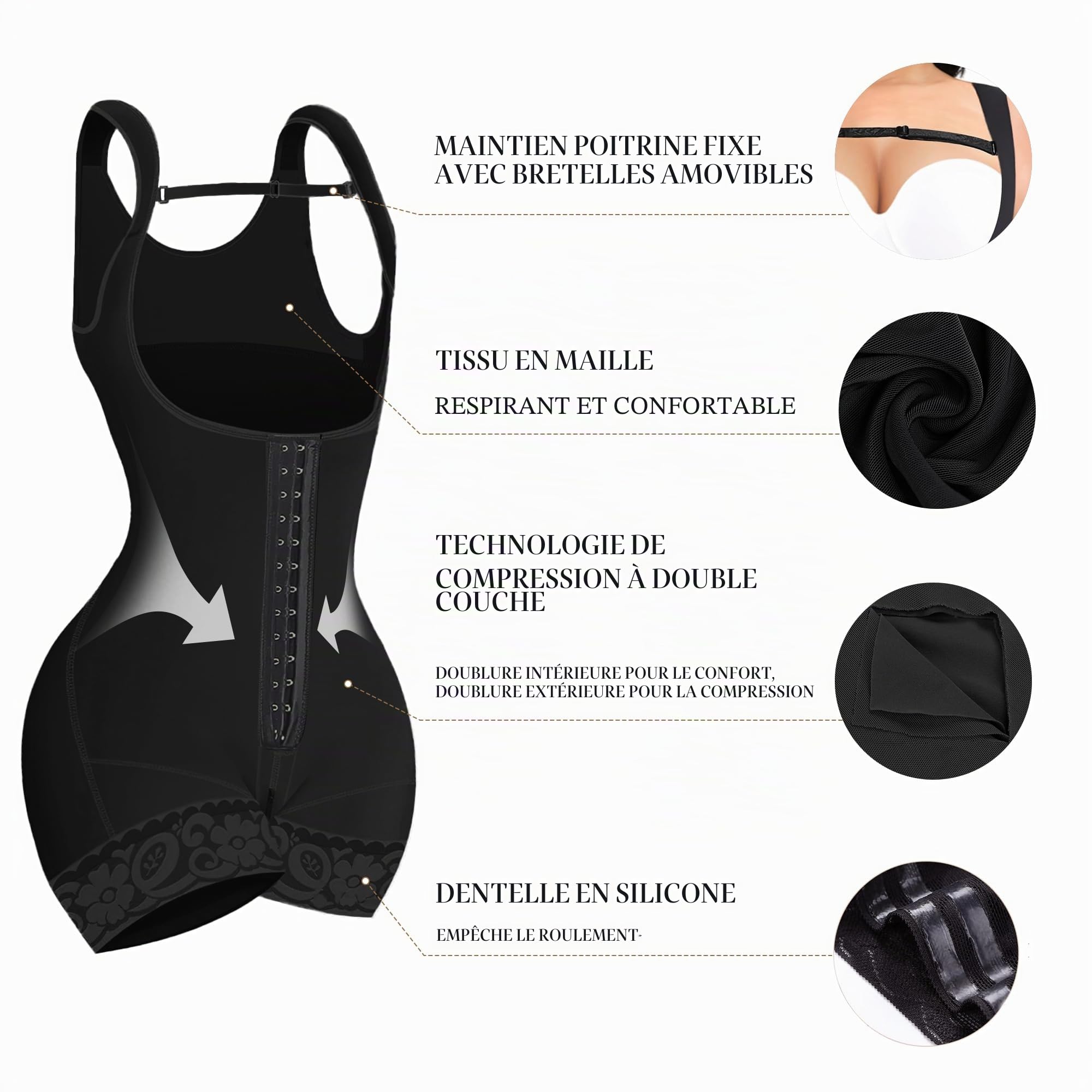 YIANNA Body Gainant Femme Ventre Plat Combinaison Gainante Sculptant Gaine Amincissante Invisible Faja Colombiana Corset Minceur Shapwear Noir M 7289