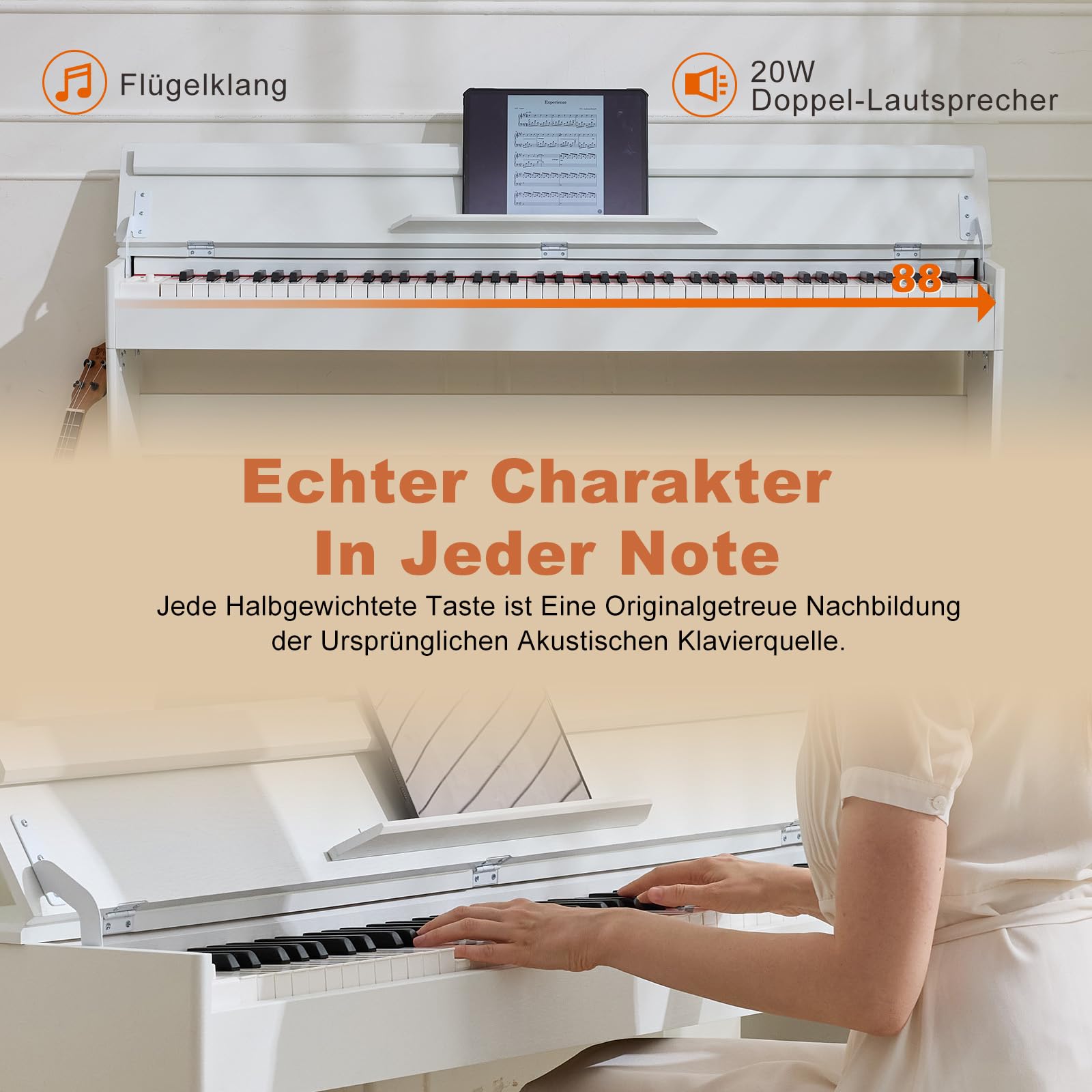 Piano digital MUSTAR de 88 teclas, teclado con tacto semi-ponderado con USB/MIDI y Bluetooth, cubierta semi-abierta, piano electrónico con unidad de 3 pedales, altavoces estéreo, 800 tonos y 64