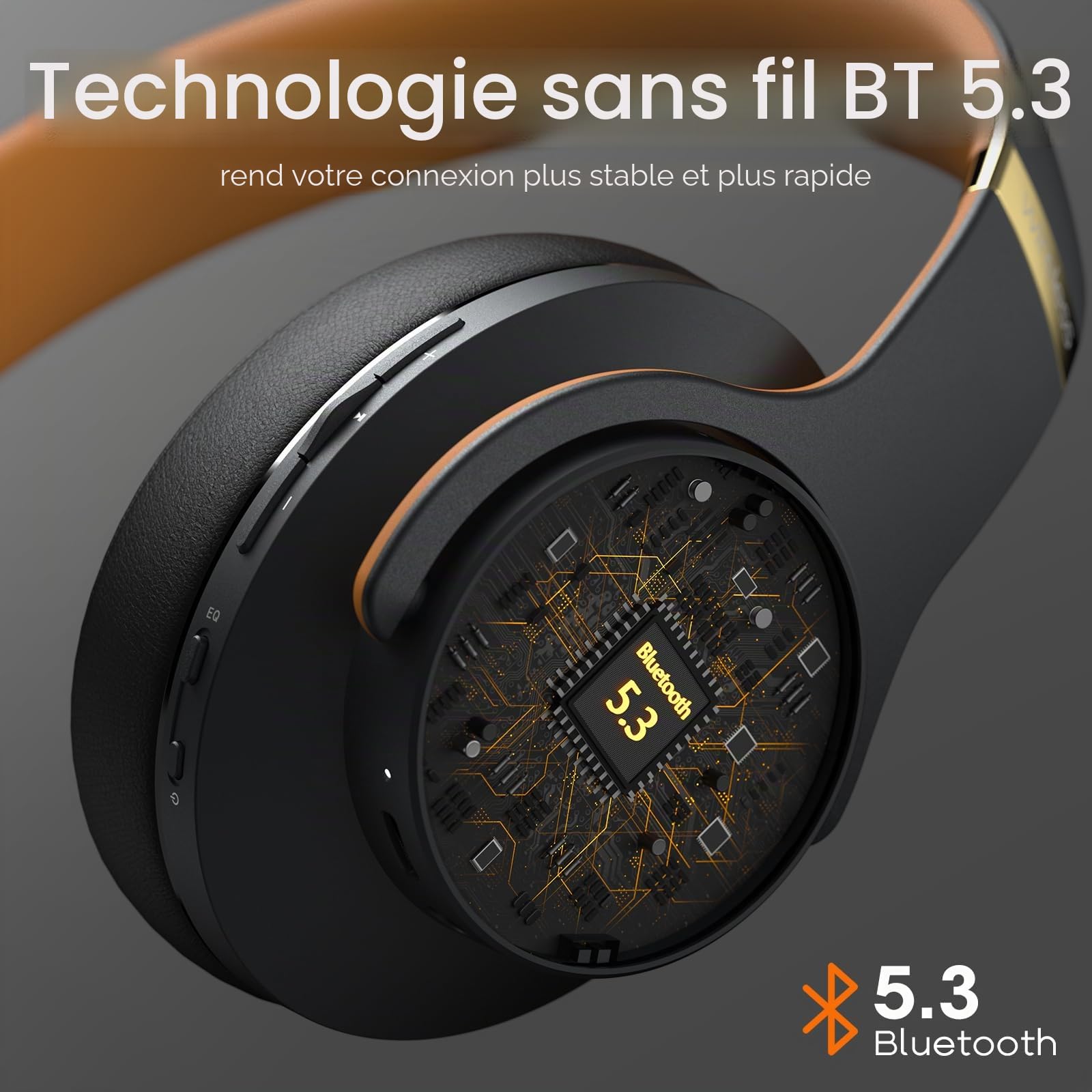 DOQAUS Casque sans fil supra-auriculaire Bluetooth avec 3 modes EQ, 90 heures de lecture, casque sans fil, HiFi stéréo pliable avec microphone pour PC, téléphone portable, tablette (noir/marron)