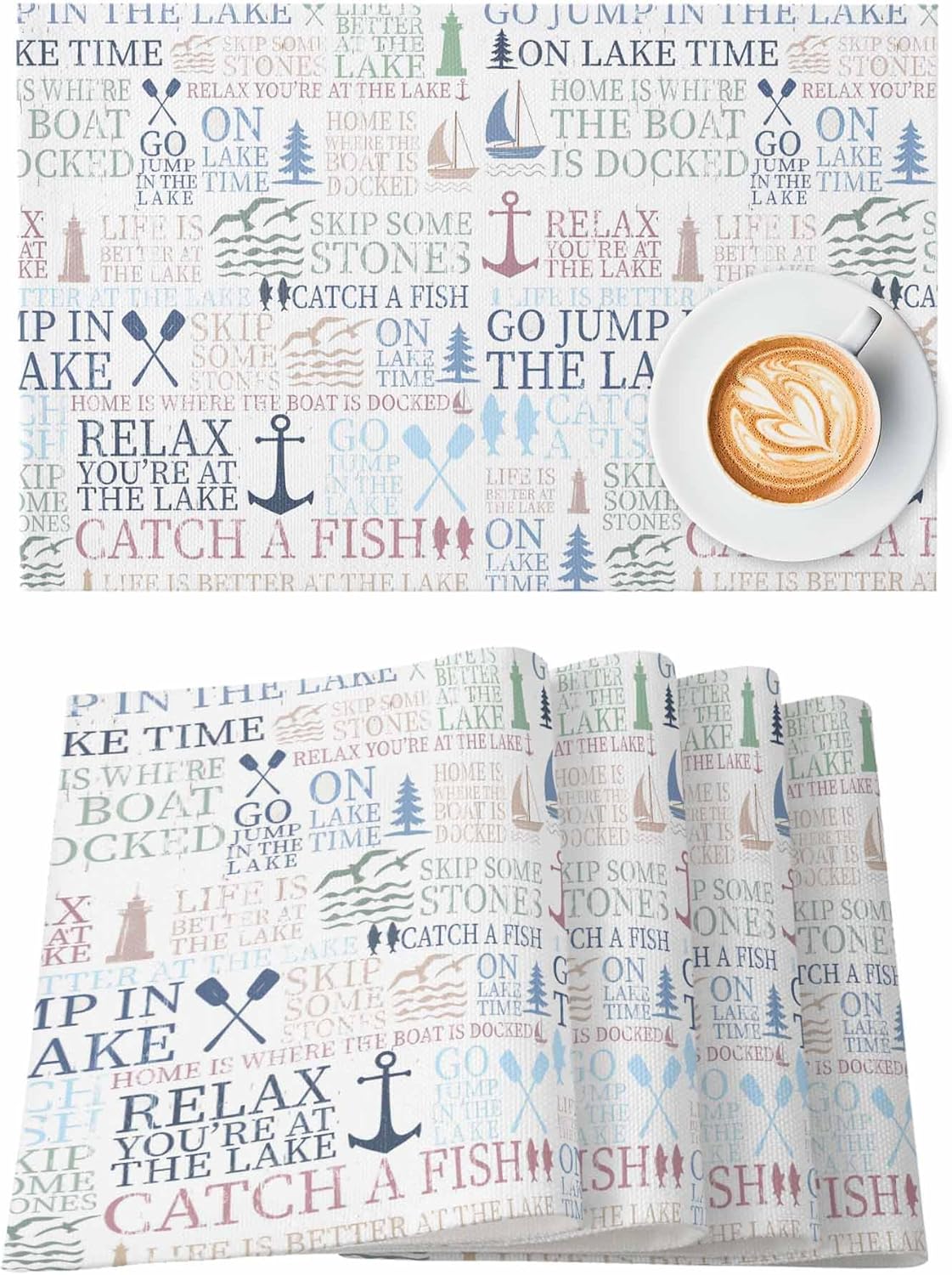 Lake Life Placemats 6 pcs 18"x12" Washable Non-Slip Heat-Resistant Table Place Mats for Kitchen Dining Table Decoration, Colorful Word Pine Tree Boat Paddle Lighthouse Fish Pattern