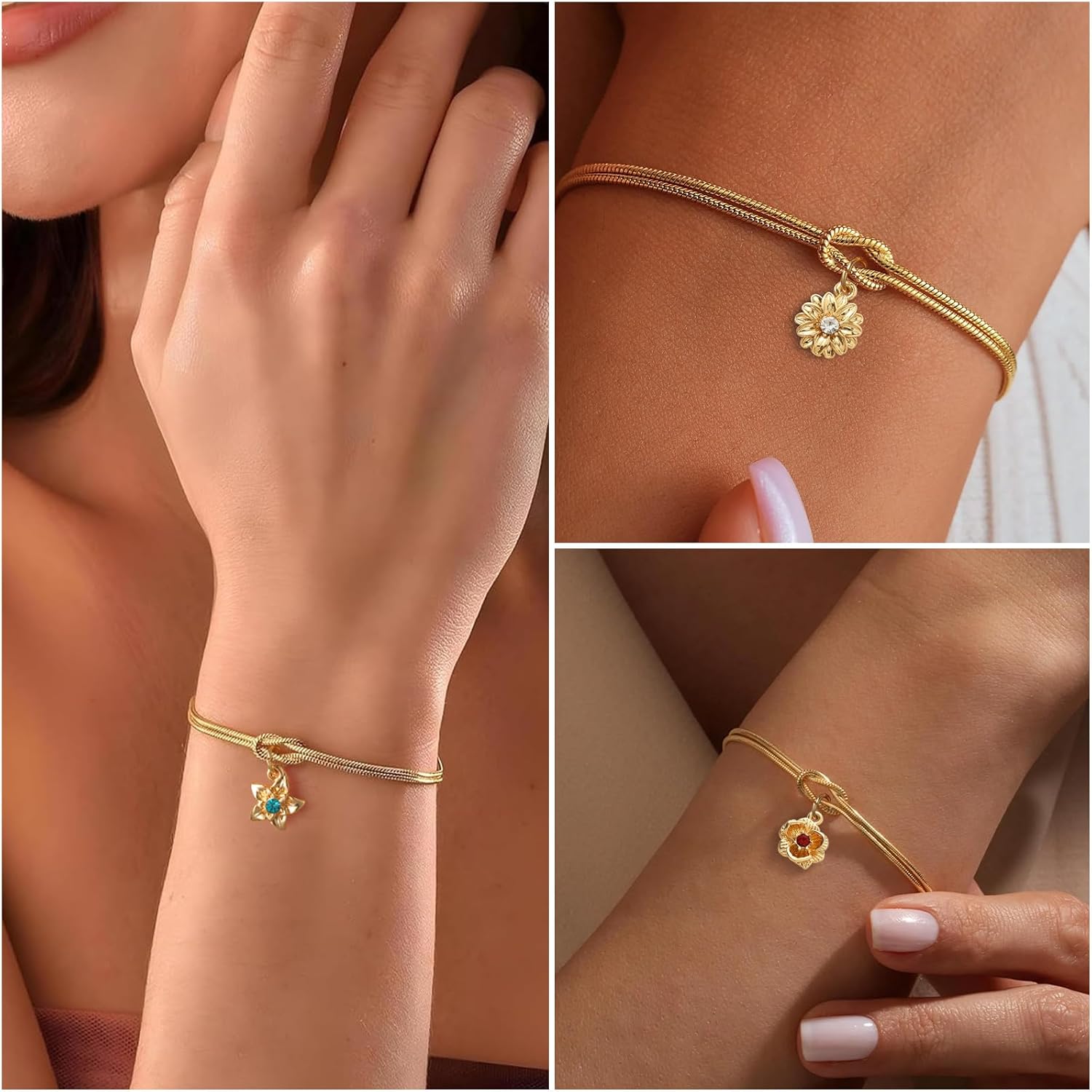 Gold Bracelets for Women Birthstones Beads for Bracelets with Blessing Meanings Non-fading 14K Gold Plated Birthstones Knot Beaded Bracelets Mothers Day Birthday Jewelry Gifts for Women - Image 3