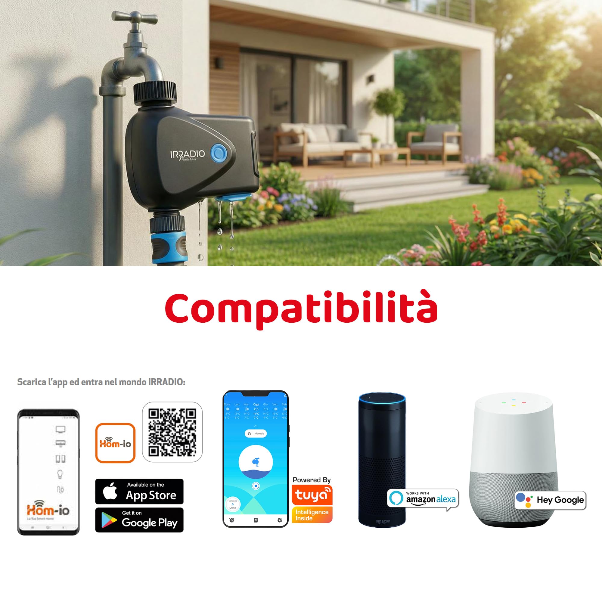 IRRADIO IR-SPRINKLER Inteligentny sterownik nawadniania WiFi z miernikiem zużycia | Inteligentne nawadnianie zewnętrzne | Sterowanie za pomocą aplikacji | Możliwość integracji z innymi inteligentnymi