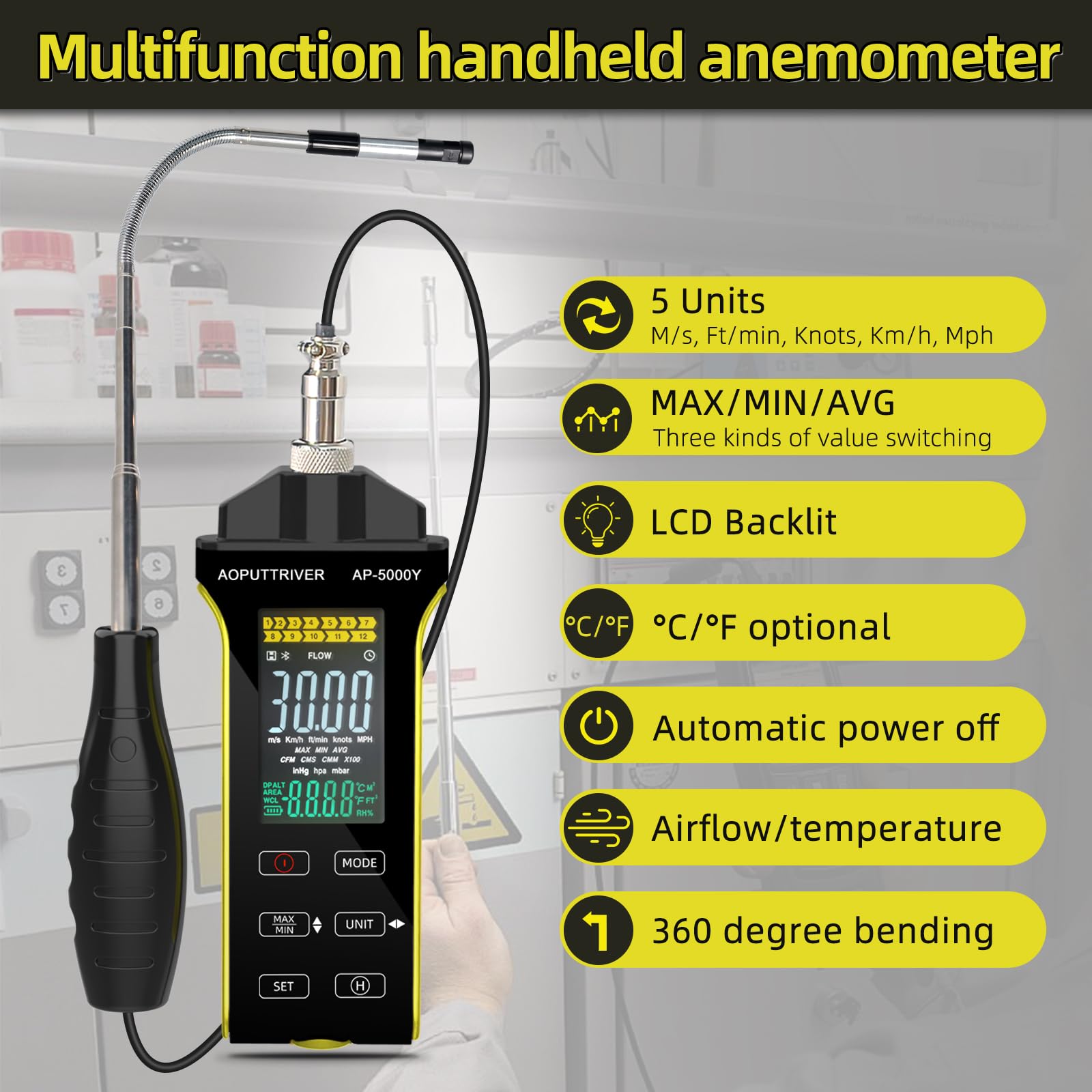 Hotwire Anemometer Handheld, HVAC Anemometer CFM/CMM Air Flow Velocity Meter with Telescopic Probe - Image 2