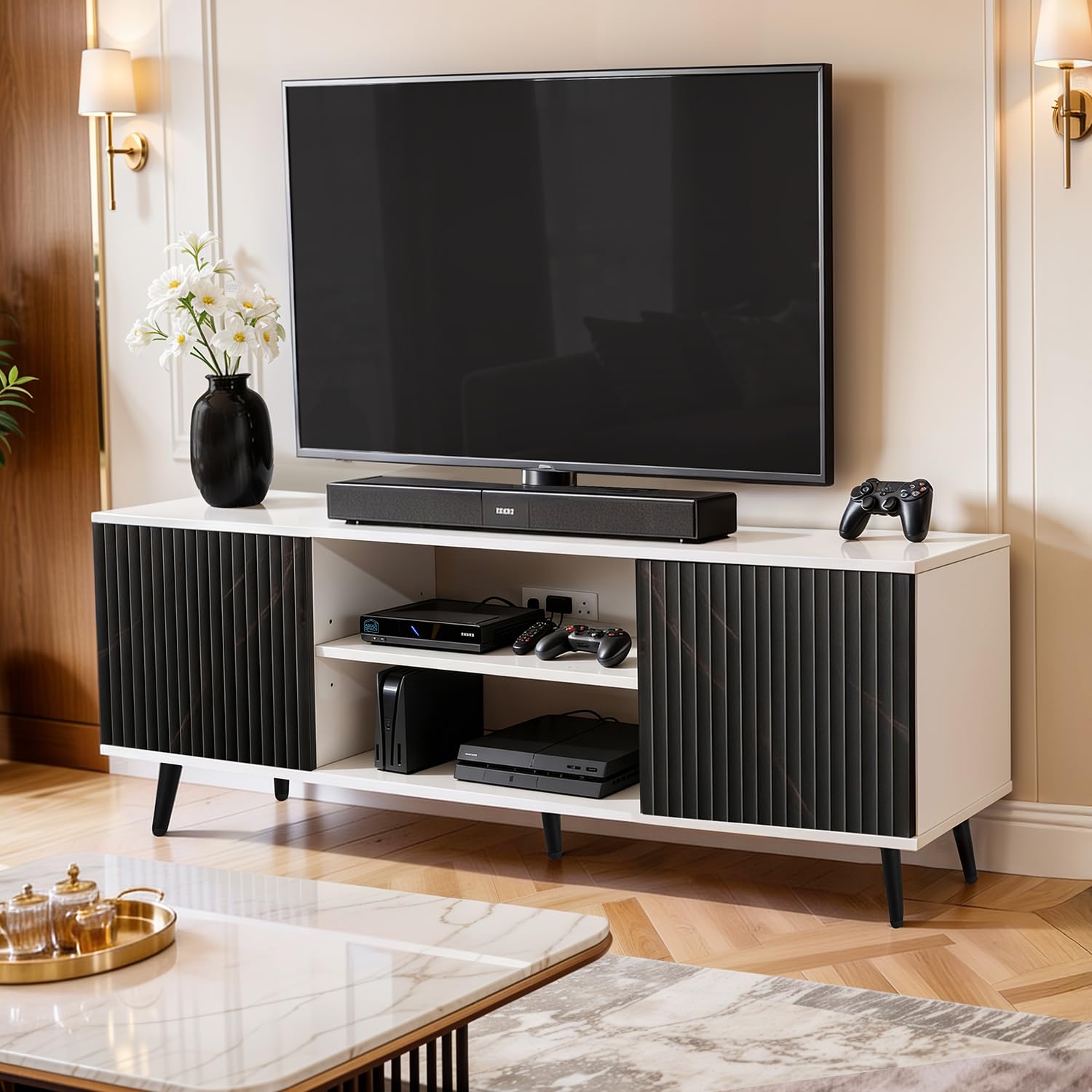 ABOUT SPACE TV Unit - Engineered Wooden TV Stand Table with Bottom Open Storage, Adjustable Shelves & 2 Non-Fluted-Effect Closed Cabinets for WiFi Router Stand (White &Black - L136 x B40.5 x H53 cm)-image-3