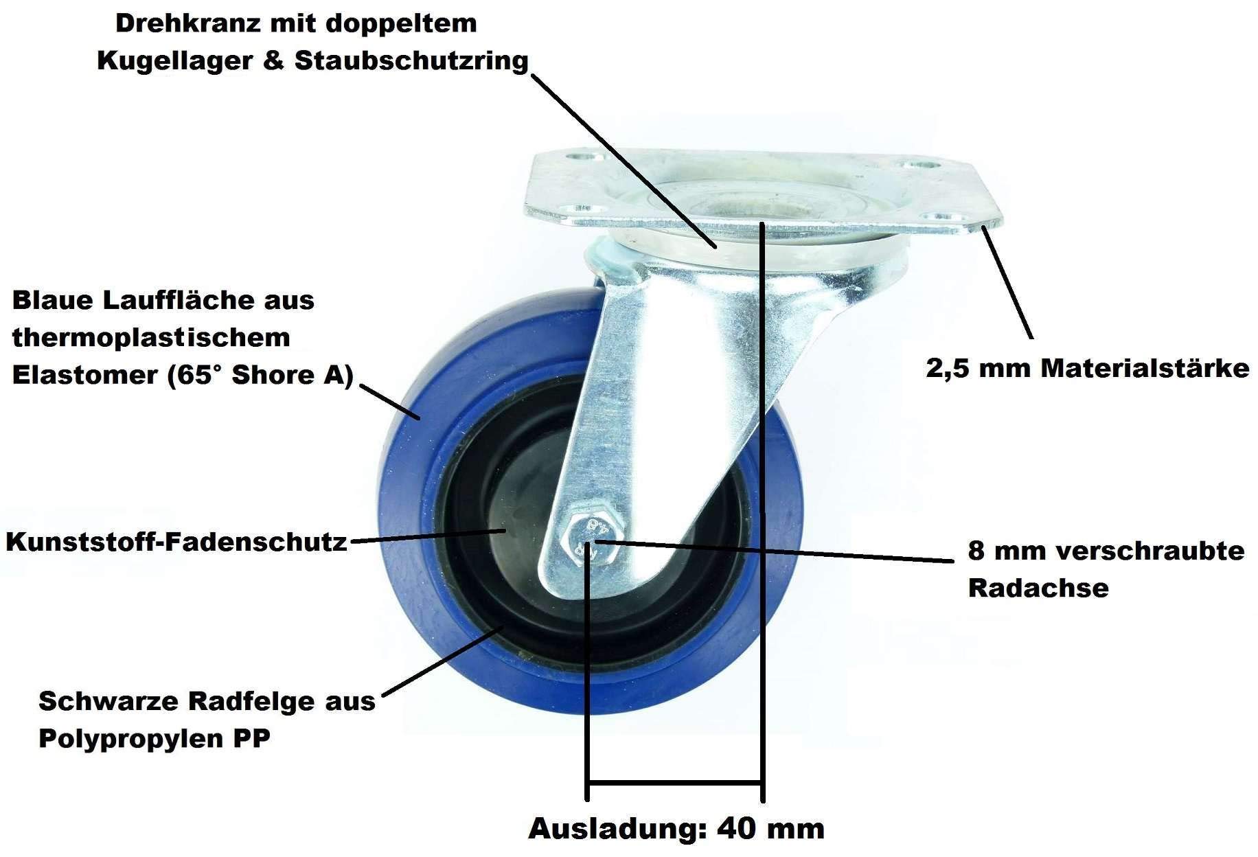8 Stück 100 mm BLUE WHEELS Blau Transportrollen Lenkrollen Schwerlastrollen 135 kg/Rad - INDUSTRIEQALITÄT ECO (8 x Lenk)