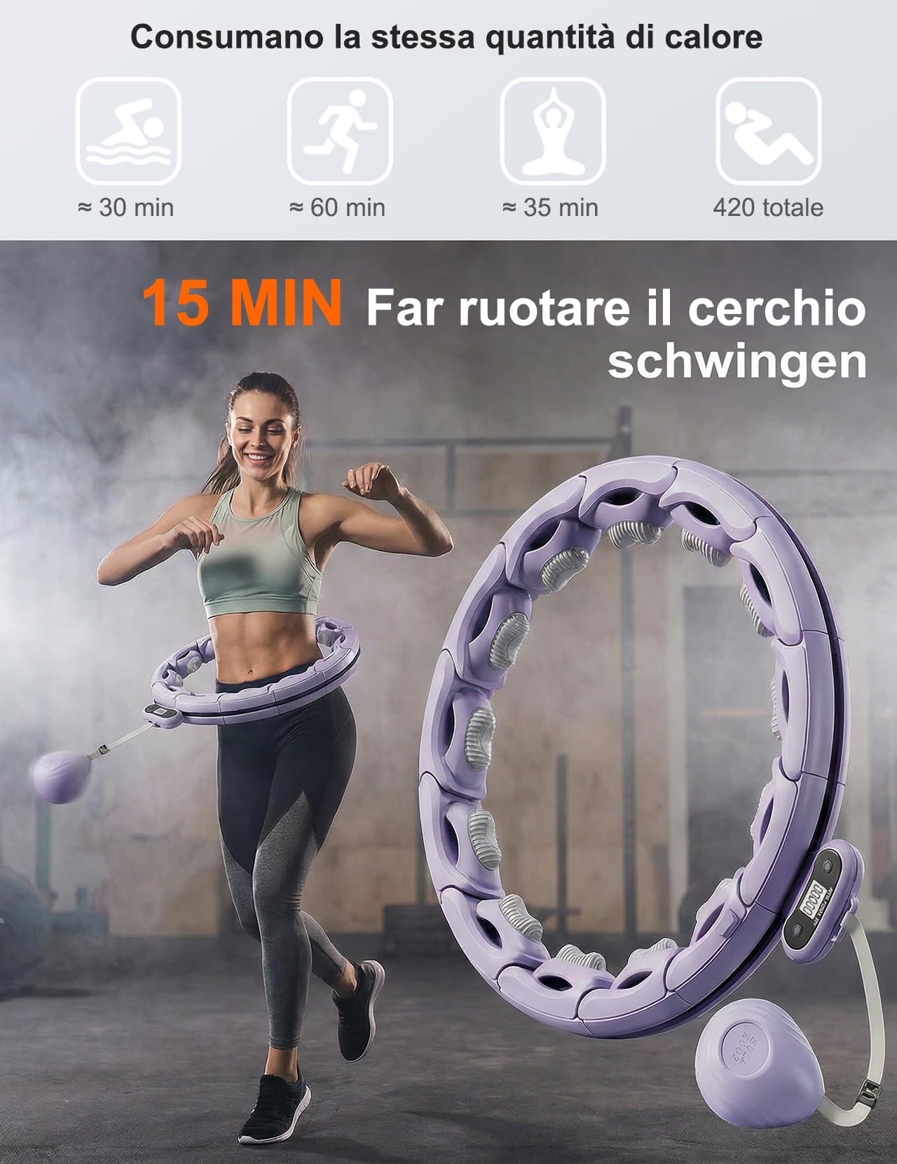 Smart Hula Hoop zum Abnehmen, 18 segmentig mit Taillenband Leiser Fitnessreifen mit 350g Gewichtskugel Zähler für Erwachsene Anfänger fällt Nicht herunter hulahuppreif zum abnehmen mit Gewicht
