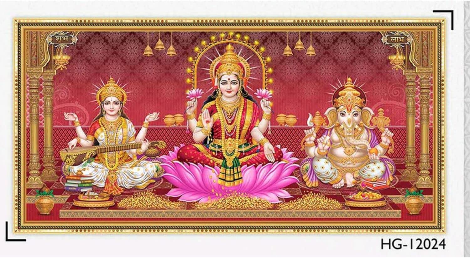 SONNE Ceramic Lakshmi Sararwati Ganesh High Gloss Gutter Work Poster Decorative Wall Tiles 24 x 48 Inch (Multicolor)