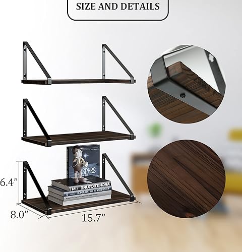 Miniatura 3 de BAMEOS Estantes flotantes de madera rústica, estantería pequeña para sala de estar, oficina, dormitorio, con soporte de metal