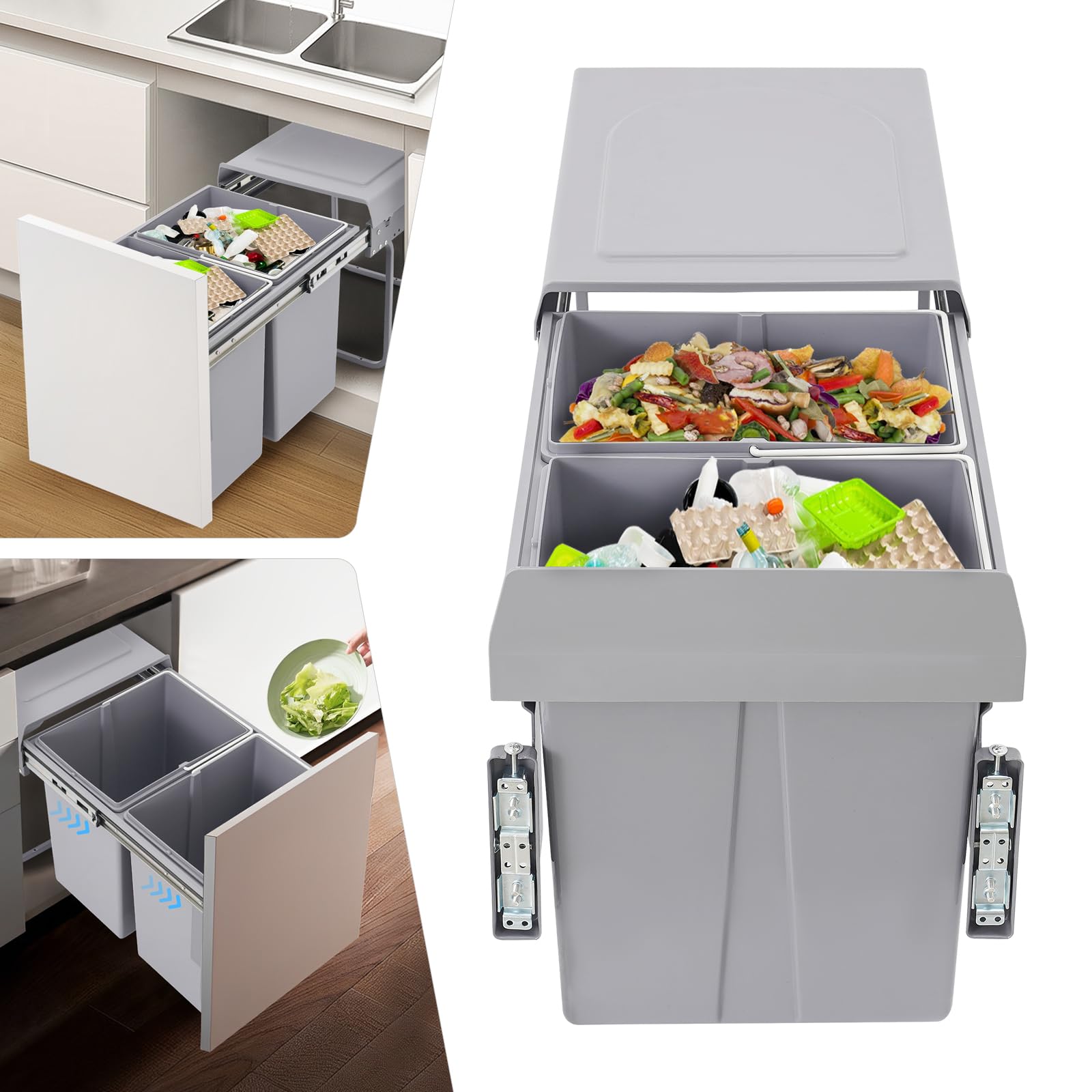 Mülltrennsystem 40L 2 Fächer Einbaumülleimer Ausziehbar Abfalleimer 49×35×43CM Küchenmülleimer Küchenunterschrank Abfallsammler für Häuser, Restaurants, Cafés, Büros, Küchen