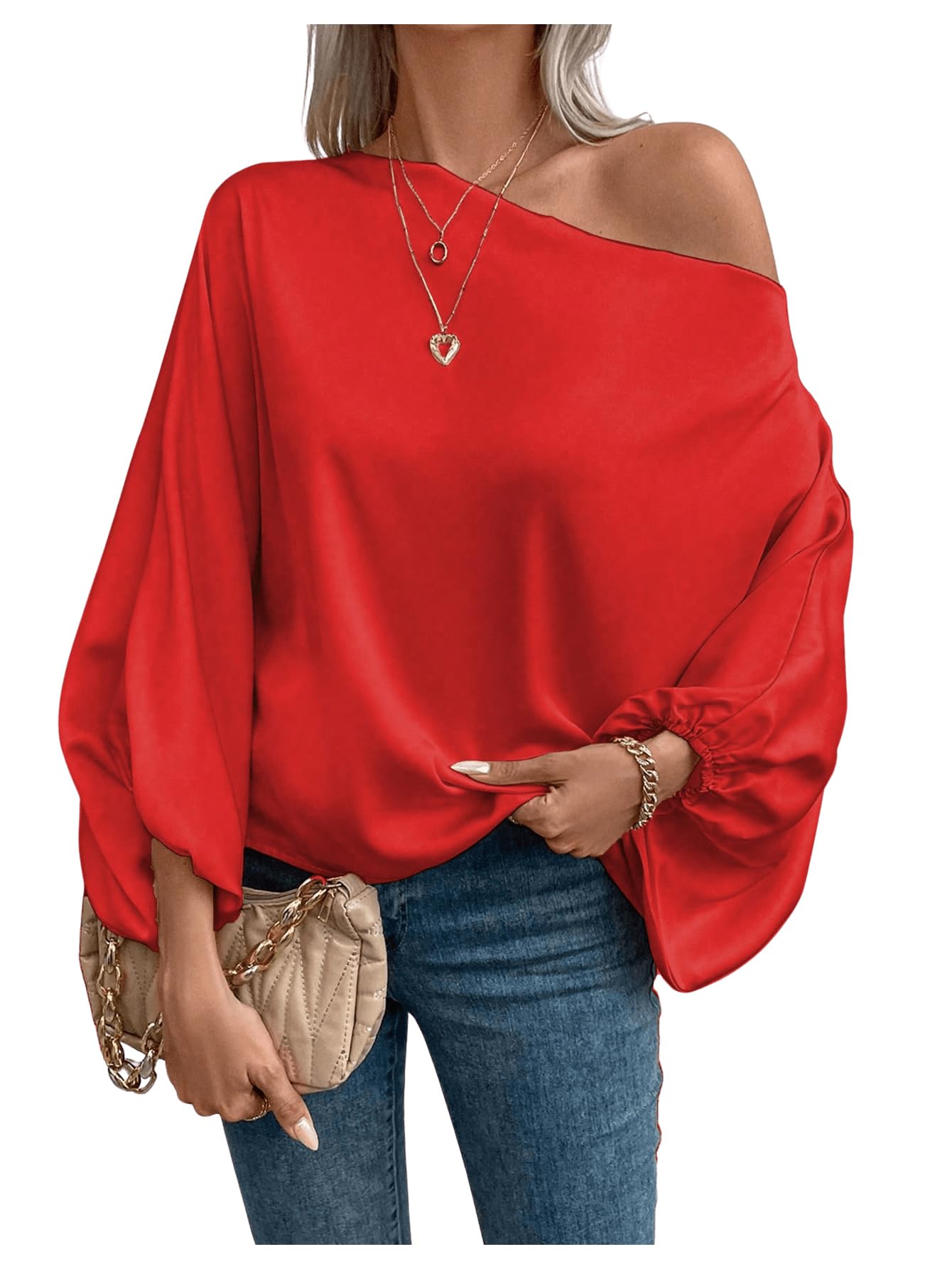 View 1 of [has a large hole] Verdusa Off The Shoulder Blouses for Women 3/4 Length Sleeve Asymmetrical Tops Business Casual Outfits Red Small