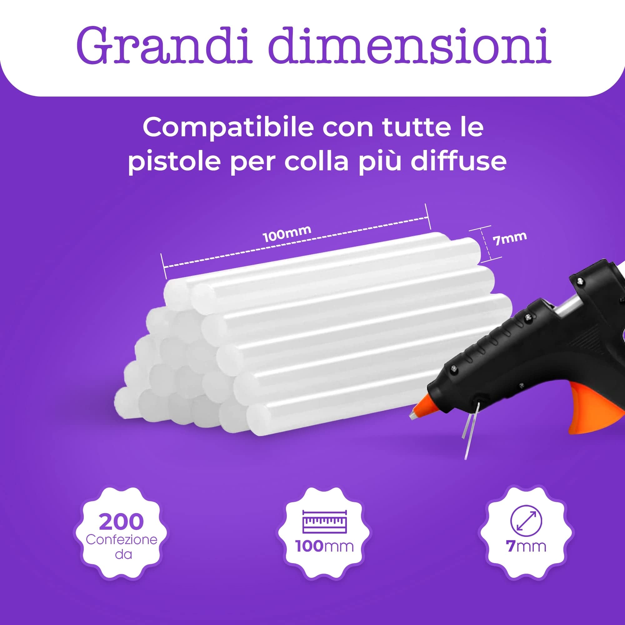 Artellius Mini Stick Colla a Caldo 7 mm (Confezione Enorme da 200) – Colla a Caldo Ricariche 7mm x 100 mm – Ricariche Colla a Caldo Compatibili con la Maggior Parte delle Pistole