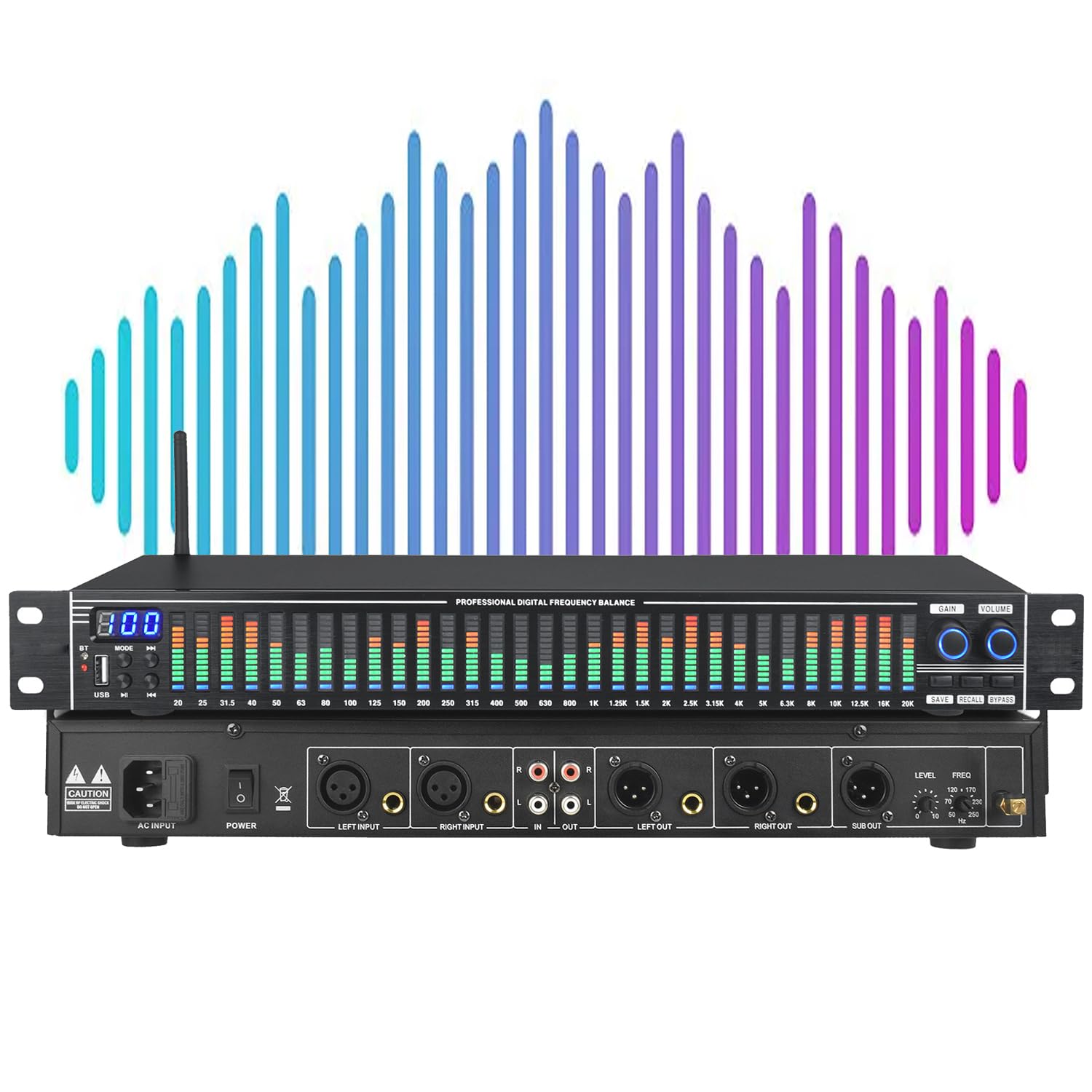 Ecualizador Audio para el hogar, Ecualizador Digital EQ Reducción de Ruido, Ecualizador gráfico estéreo Pantalla de frecuencia en Tiempo Real 31 Bandas para Ktv, Indicador de Espectro LED