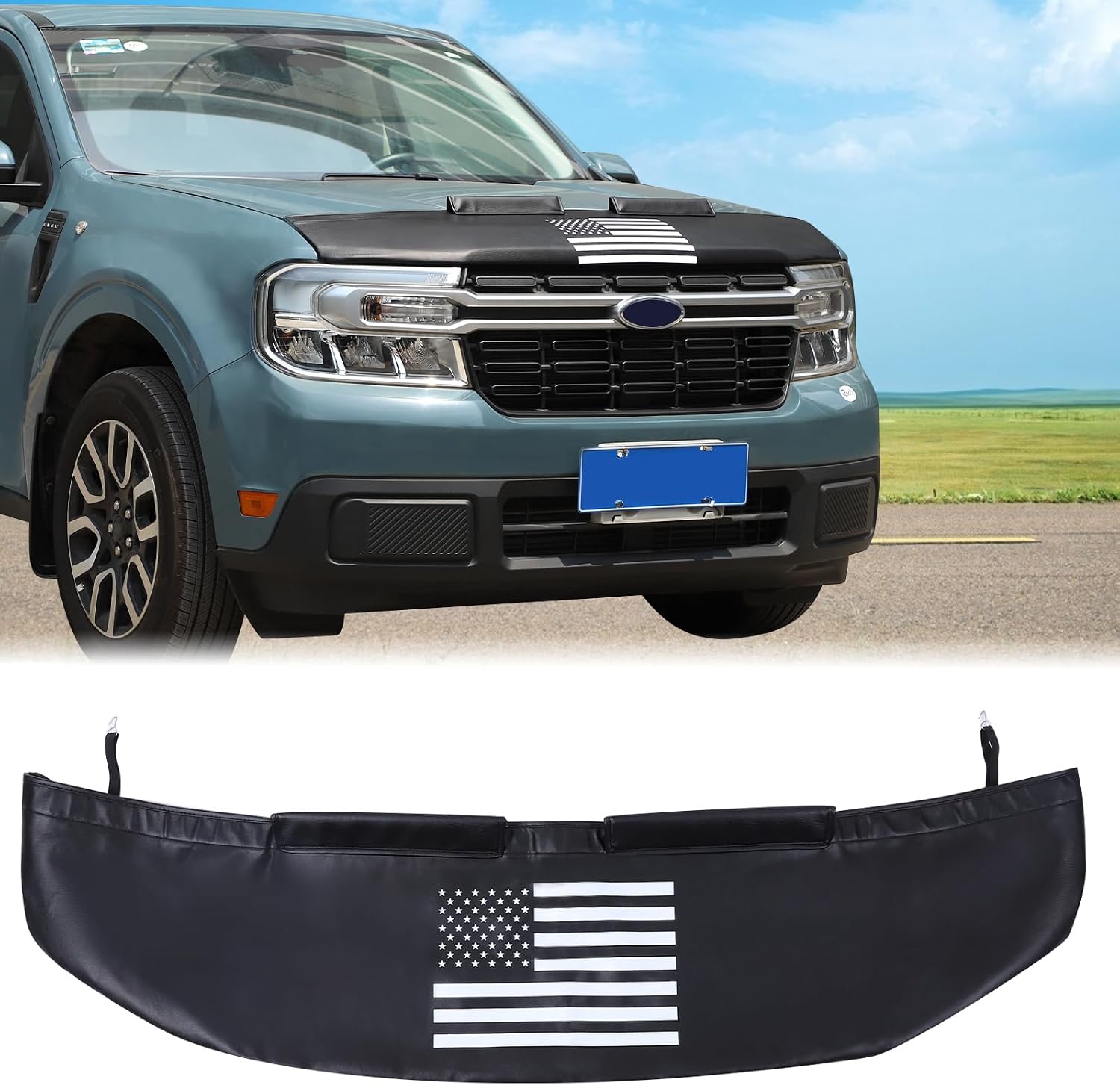 Aunginsy Car Hood Protector Bra Compatible with Ford Maverick 2022 2023 2024 2025 Pickup Truck Black Leather Front Hood Bonnet Engine End Bra Protector Cover Mask Hood Shield Exterior Accessories