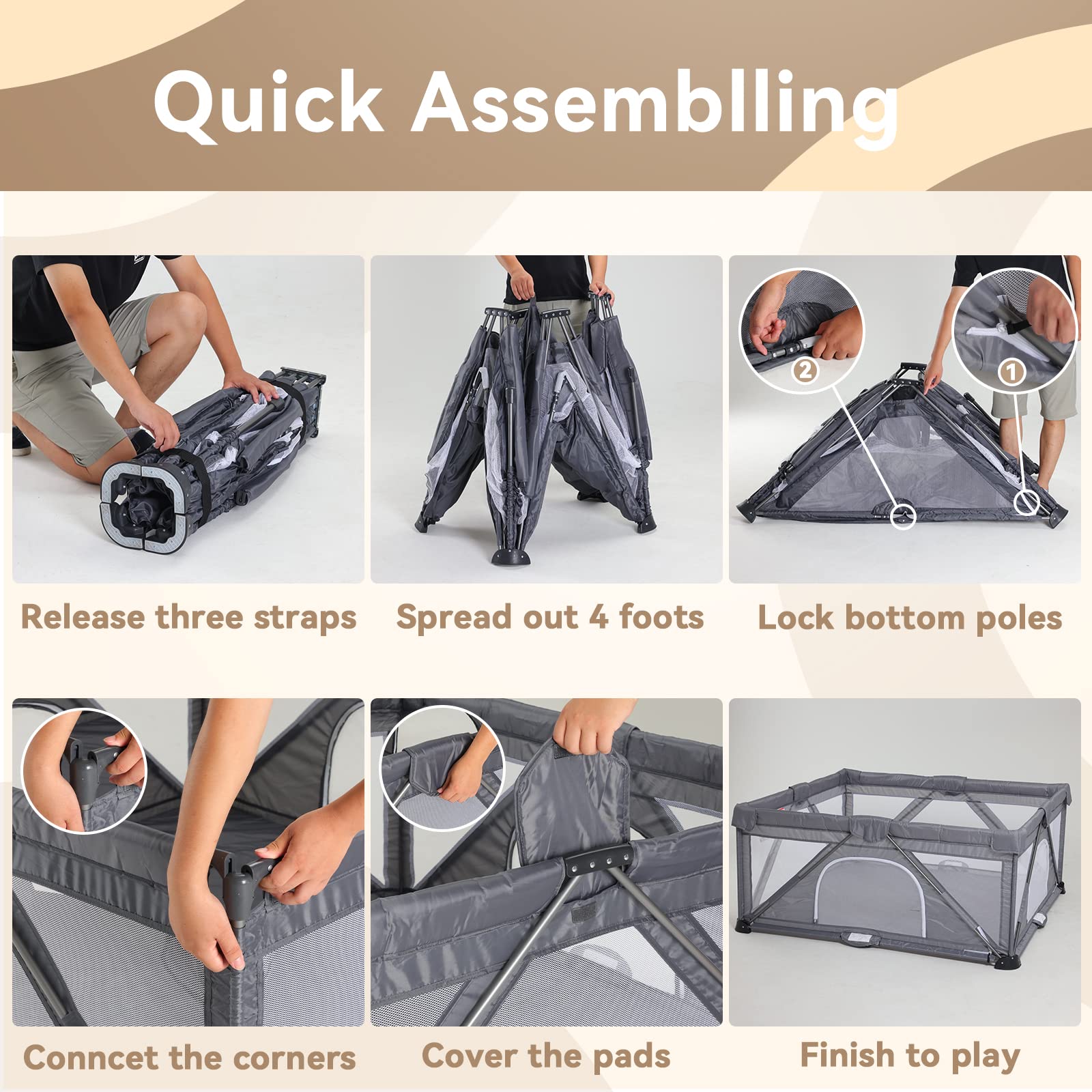 GENTEACO Foldable Baby Playpen, Large Play Pen for Babies and Toddlers, Baby Fence Play Yard, Safety Kids Portable Playpin Indoor&Outdoor (59"×71")