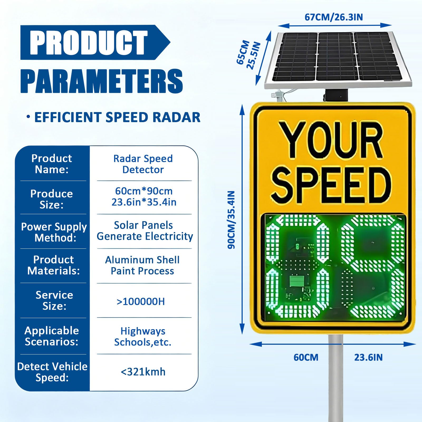 Señales Digitales de Detector Velocidad Rader, Señal Visualización Radar LED con Energía Solar, Resistente Al Agua IP65, Límite Máximo Ajustable for Seguridad Vial (White,23,6“x35,4“)