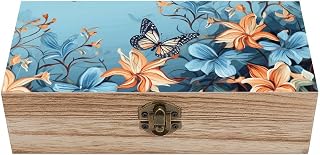 Wood Keepsake Box with Hinged Lid Handmade Wooden Wedding Memory Treasure Boxes Organizer Decorative Blue Butterfly Floral Storage Box for Jewelry Coins Cards Photos Letters Crafts Storage