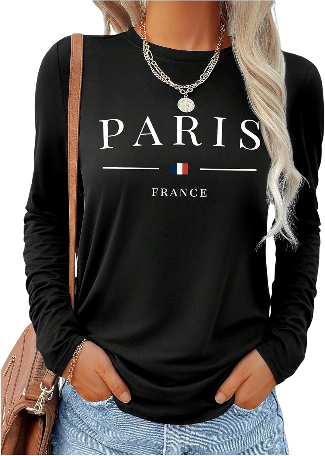 SweatyRocks Women's Long Sleeve Graphic Tees Paris Print Loose Tops Going Out Fall Vacation Clothes