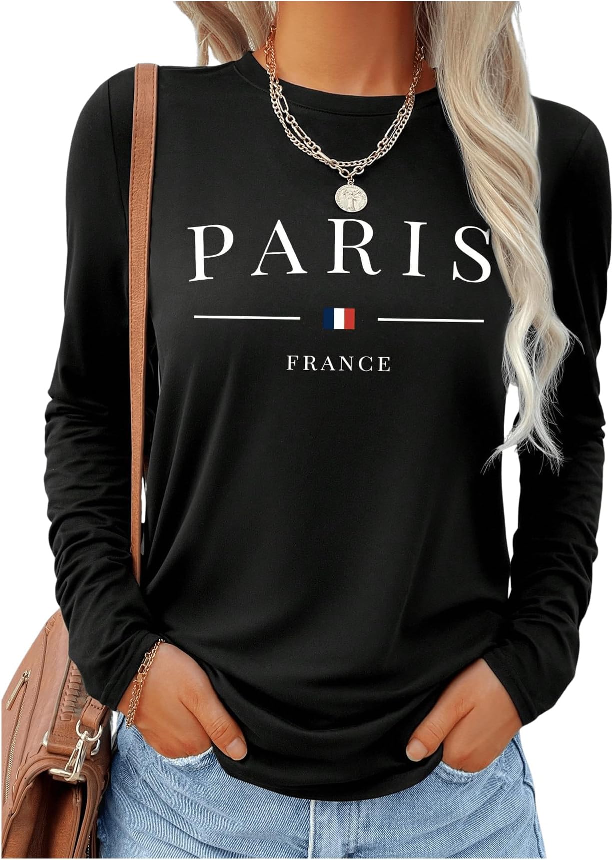 Women's Long Sleeve Graphic Tees Paris Print Loose Tops Going Out Fall Vacation Clothes