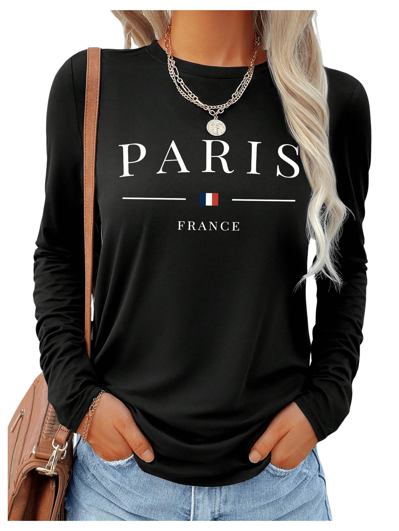 Women's Long Sleeve Graphic Tees Paris Print Loose Tops Going Out Fall Vacation Clothes