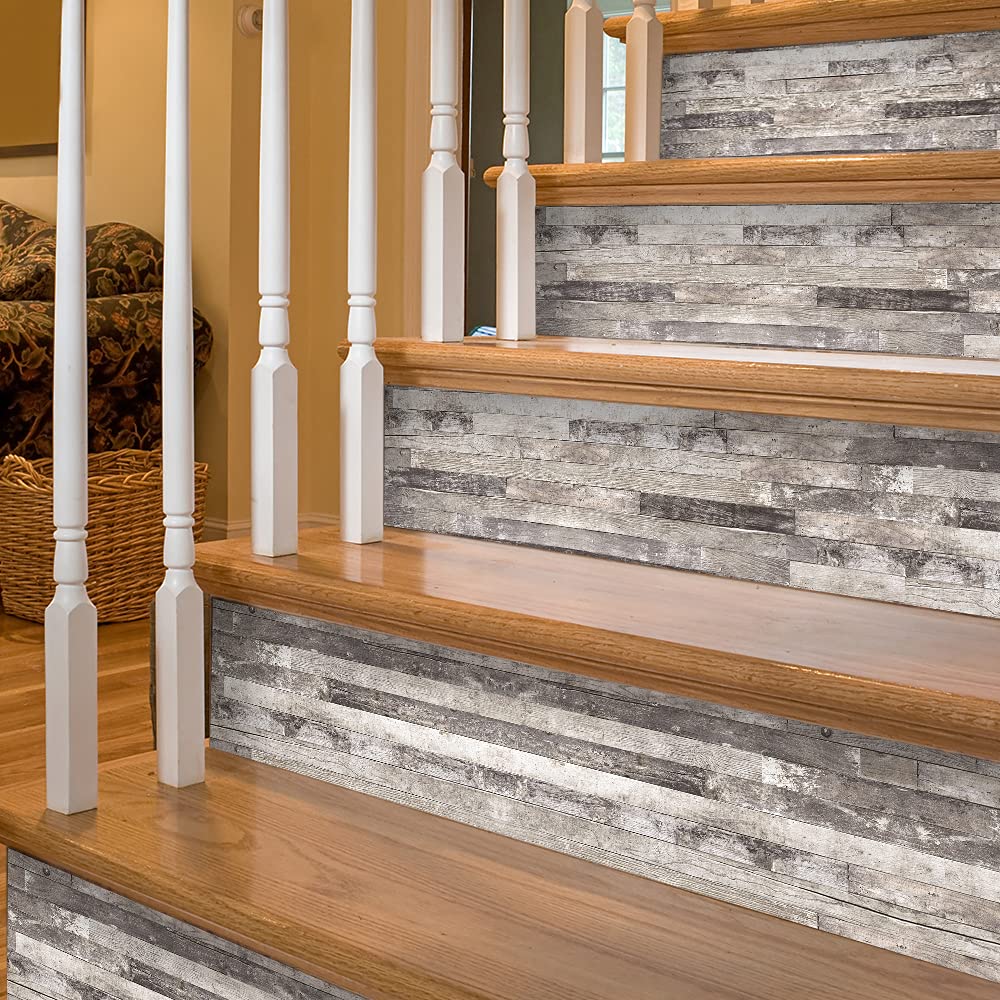 funlife 14 Strips Stair Risers Stickers, Peel and Stick Vinyl Staircase Sticker Decals Decor for Stair Steps, 39.37"x7.09", Ash Grey Wood Grain
