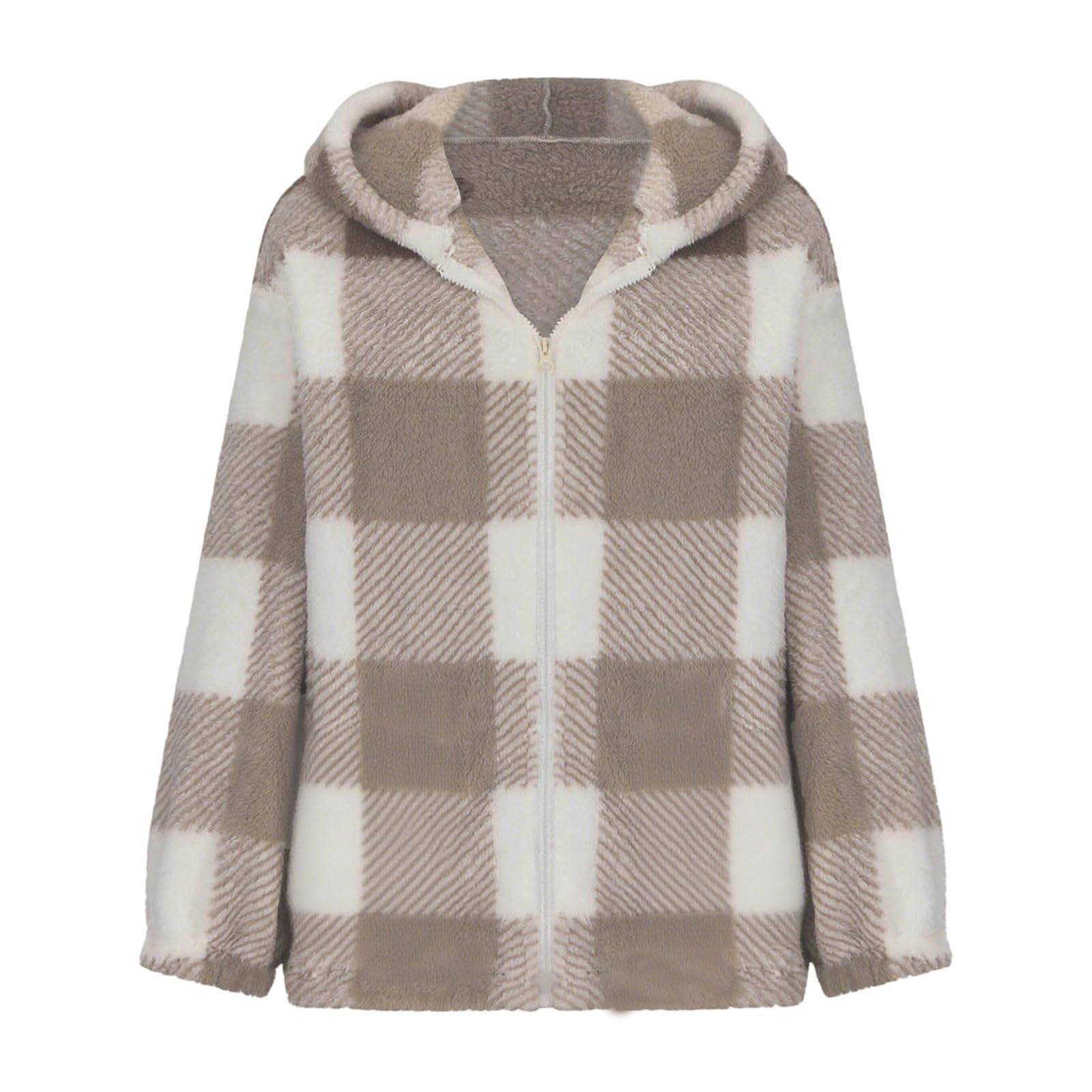 Generisch Fleecejacke Damen Mit Kapuze Teddyjacke Kariert Aufdruck Winterjacke Elegant Plüschjacke Winter Warm Plüschmantel Langarm Flauschjacke Kuschelig Damenjacken Winddicht Wintermantel Casual