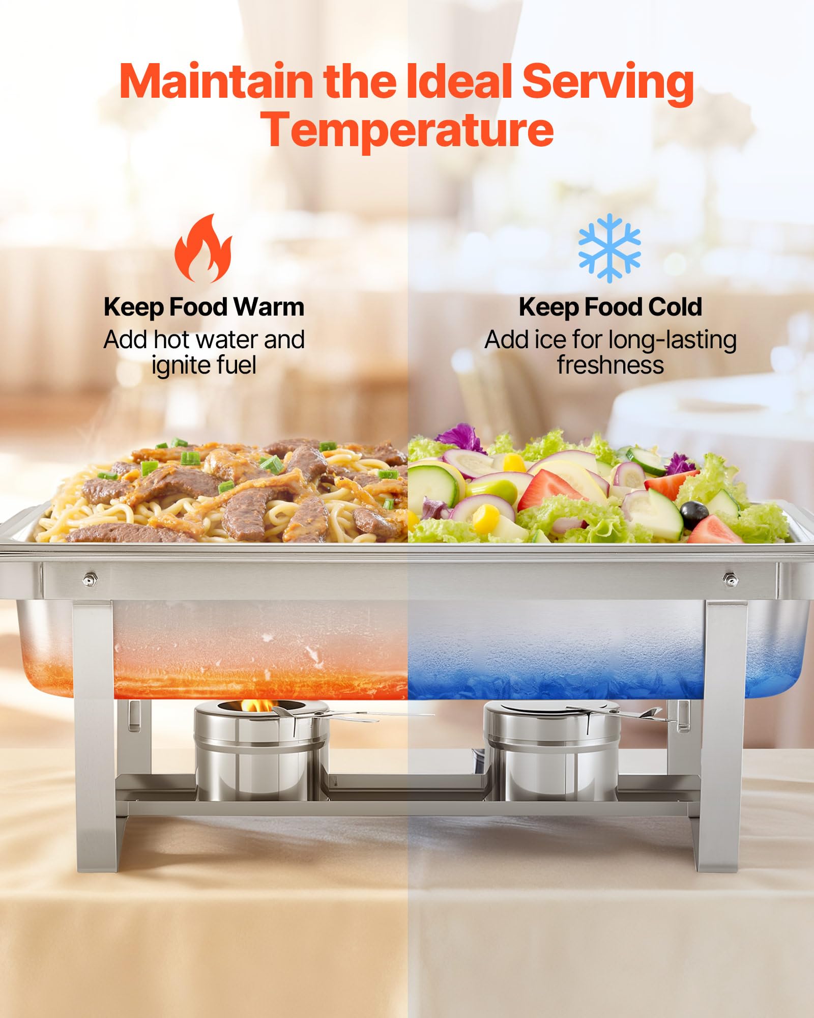 VEVOR Set di Scaldavivande Rettangolari da 8,5 L 6 Pezzi, Contenitori Riscaldanti per Buffet con Manico e 3 Pinze per Alimenti e Coperchio e Porta Combustibile, Adatti per Banchetti, Feste