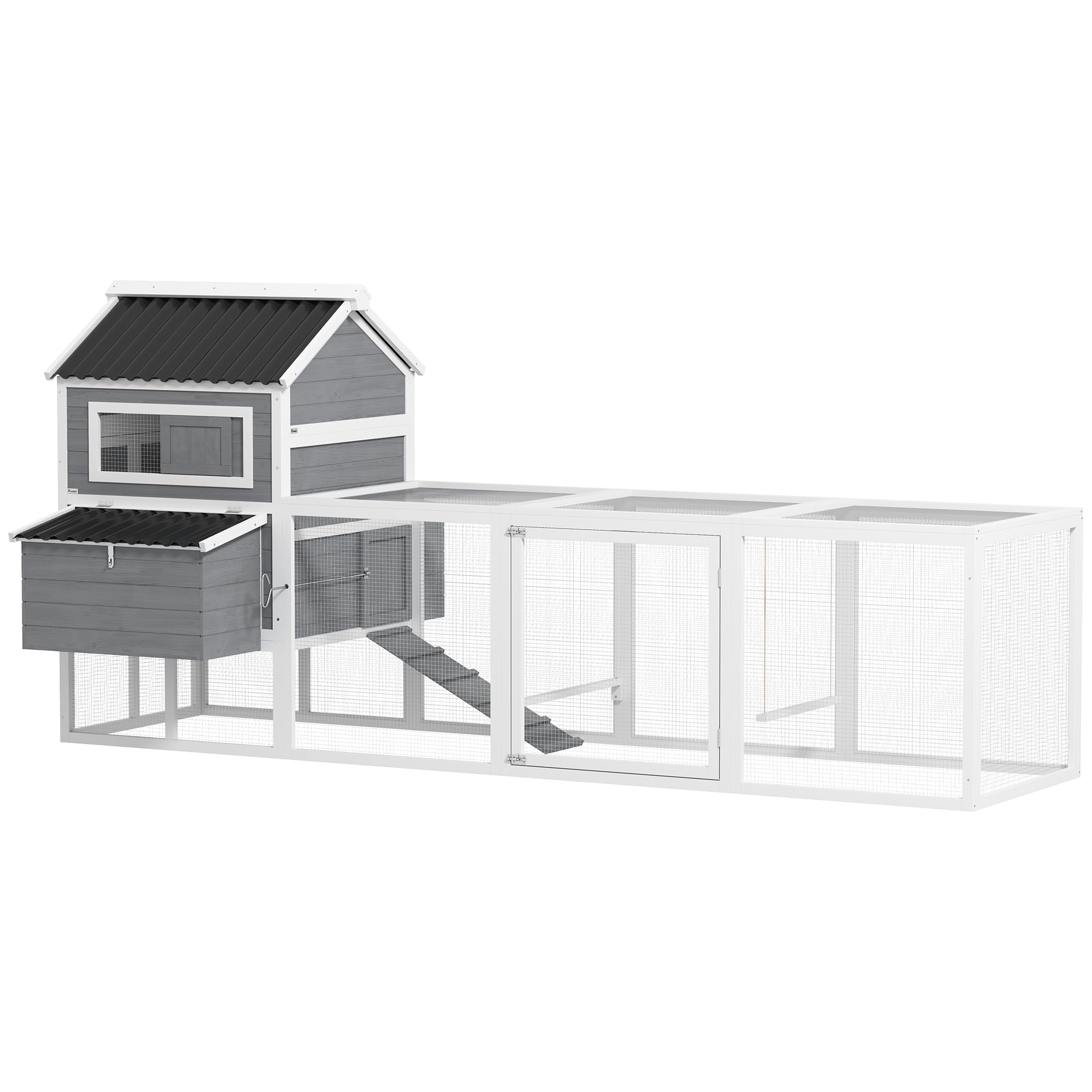 PawHut Gallinero Jaula para 10-15 Gallinas 315,5x150,5x140,5 cm Gris | para Exterior, de Madera, Grande, con Perchas, Columpio, Rampa, Bandeja Extraíble