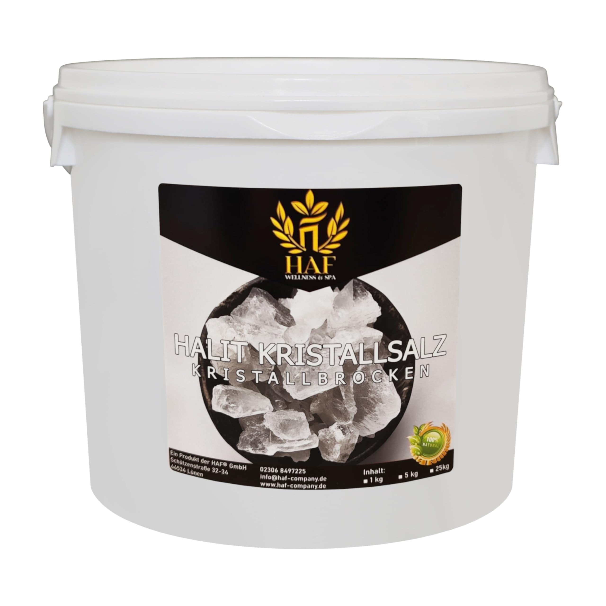 HAF® Weiße Halit Salzbrocken 5 kg | Grobe Steinsalz Brocken ohne Zusätze und naturbelassen aus der Salt Range in Pakistan | Salzsteine | Solebrocken | Größe: 2-5 cm | Menge: 1 x 5 kg im Eimer