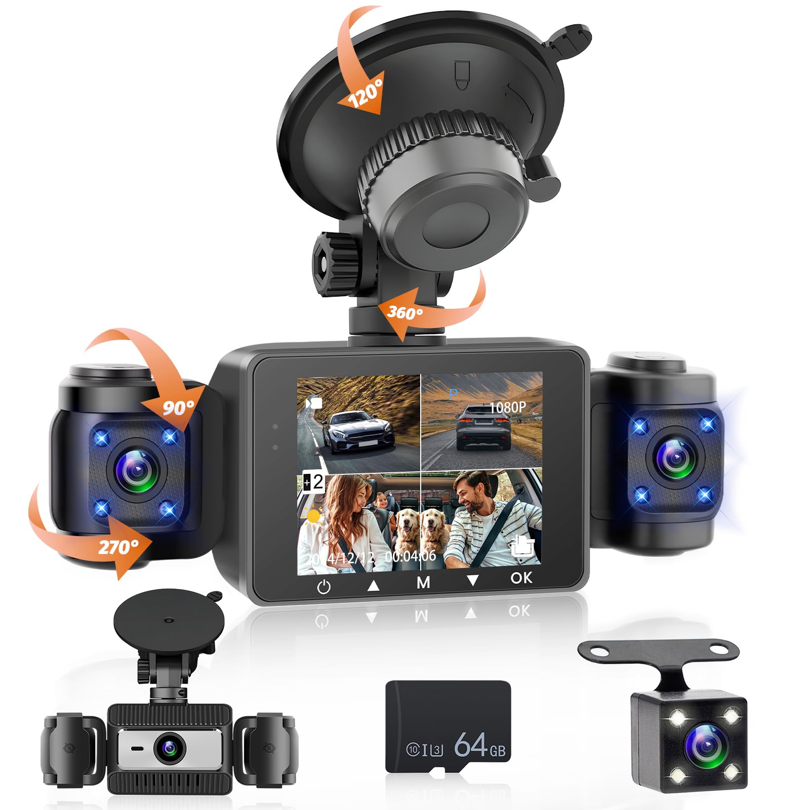 360 Grado Vista 4 Canales Dash CAM Delantera y Trasera Interior Izquierda Derecha, 1080P Dash Camera, Incluye 64GB Card/G-Sensor/Cámara Trasera/24H Parking Mode/Night Vision/Loop Recording