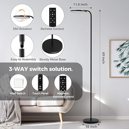 Miniatura 9 de Lámparas de pie LED, lámpara de pie de 36 W, lámpara alta regulable continua con control remoto, lámpara de pie brillante de cabeza giratoria de 350