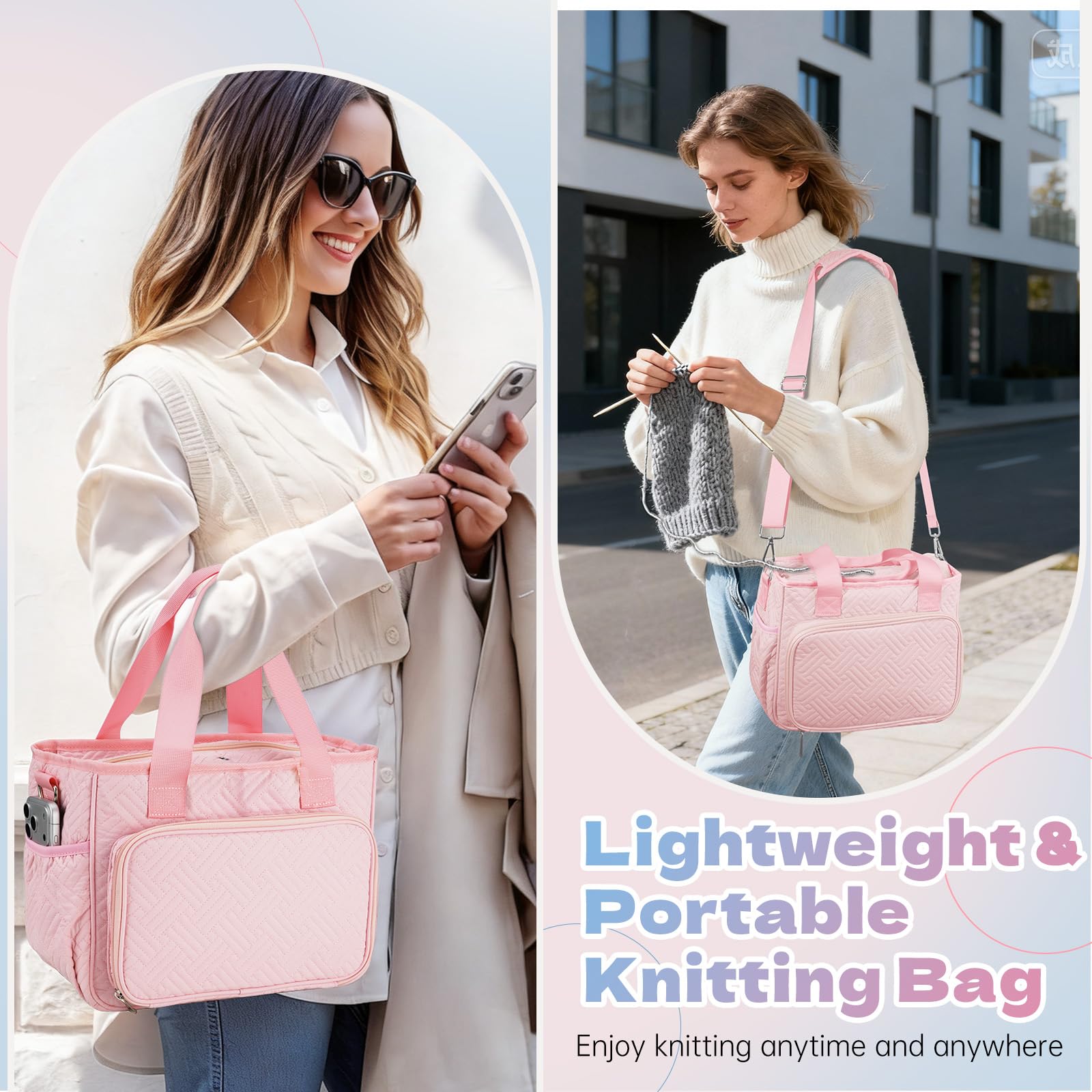Dadanism Häkel Basteltasche, Strick Tasche, Garn Aufbewahrung Nähtaschen mit Griff & Schultergurt, Garn Aufbewahrung Organizer für Häkeln Stricker Häkelnadeln Stricknadeln Set Nähzubehör, Rosa