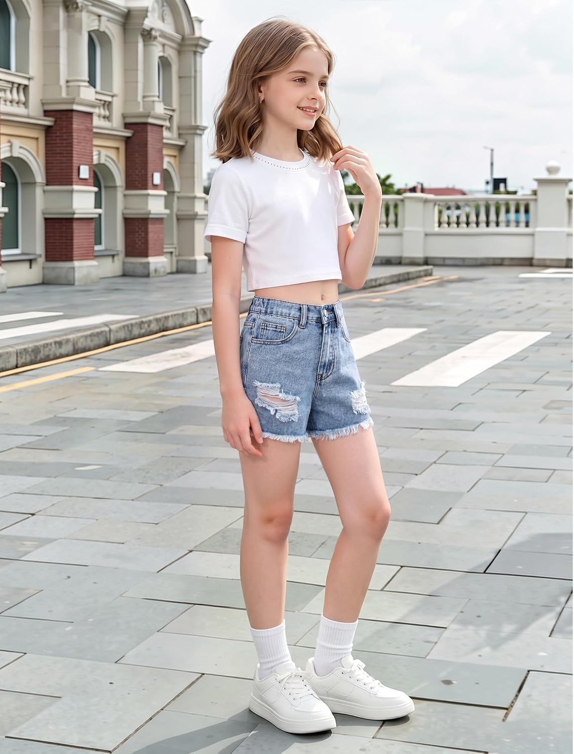 Girls Ripped Jean Shorts Mid Waist Straight Leg Y2K Vintage Denim Shorts with Elastic Waistband & Frayed Hem 8-12Y
