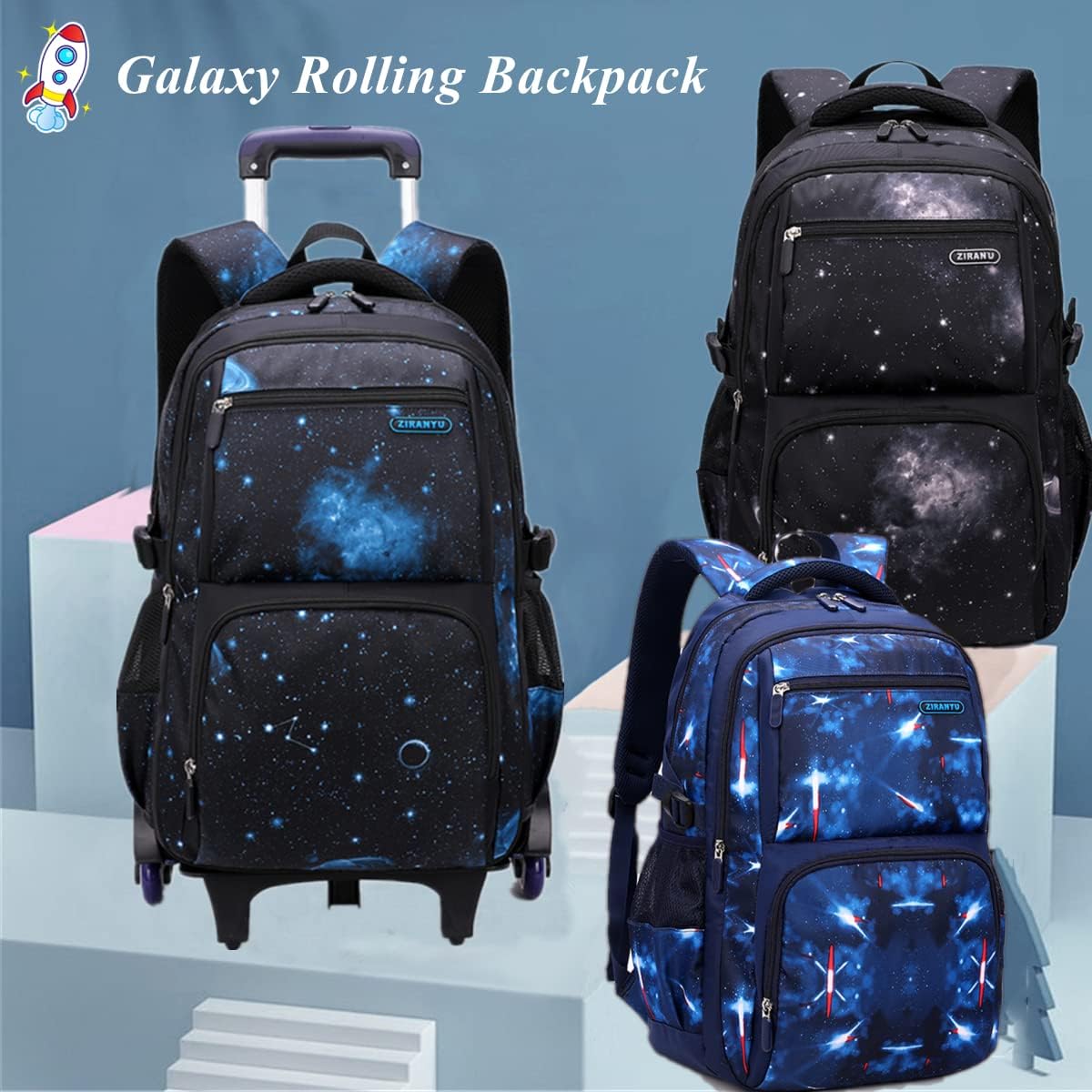 Space-Print Rolling-Backpack Boys-Bookbag on Wheels, Wheel Trolley Bag for School, Boys Backpack with Wheels