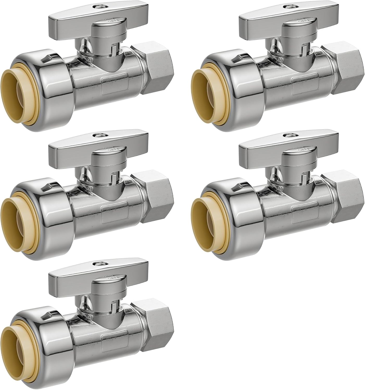 Push-Fit Straight Stop Valve 10-Pack, 1/2" Push x 3/8" OD Compression, 1/4 Turn Water Shut Off, Chrome Finish,Solid Brass,for Bathroom Sink PEX Pipe,Copper,CPVC
