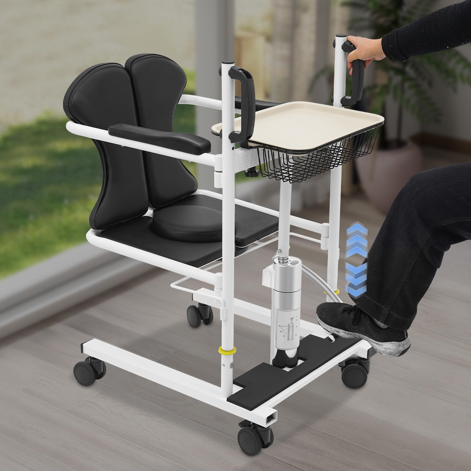 Hydrauliczny podnośnik dla pacjentów ze stali węglowej o nośności do 150 kg, podzielone siedzisko 180°, regulacja wysokości, z kółkami, półka na jedzenie i wkładka toaletowa do domu opieki i domu