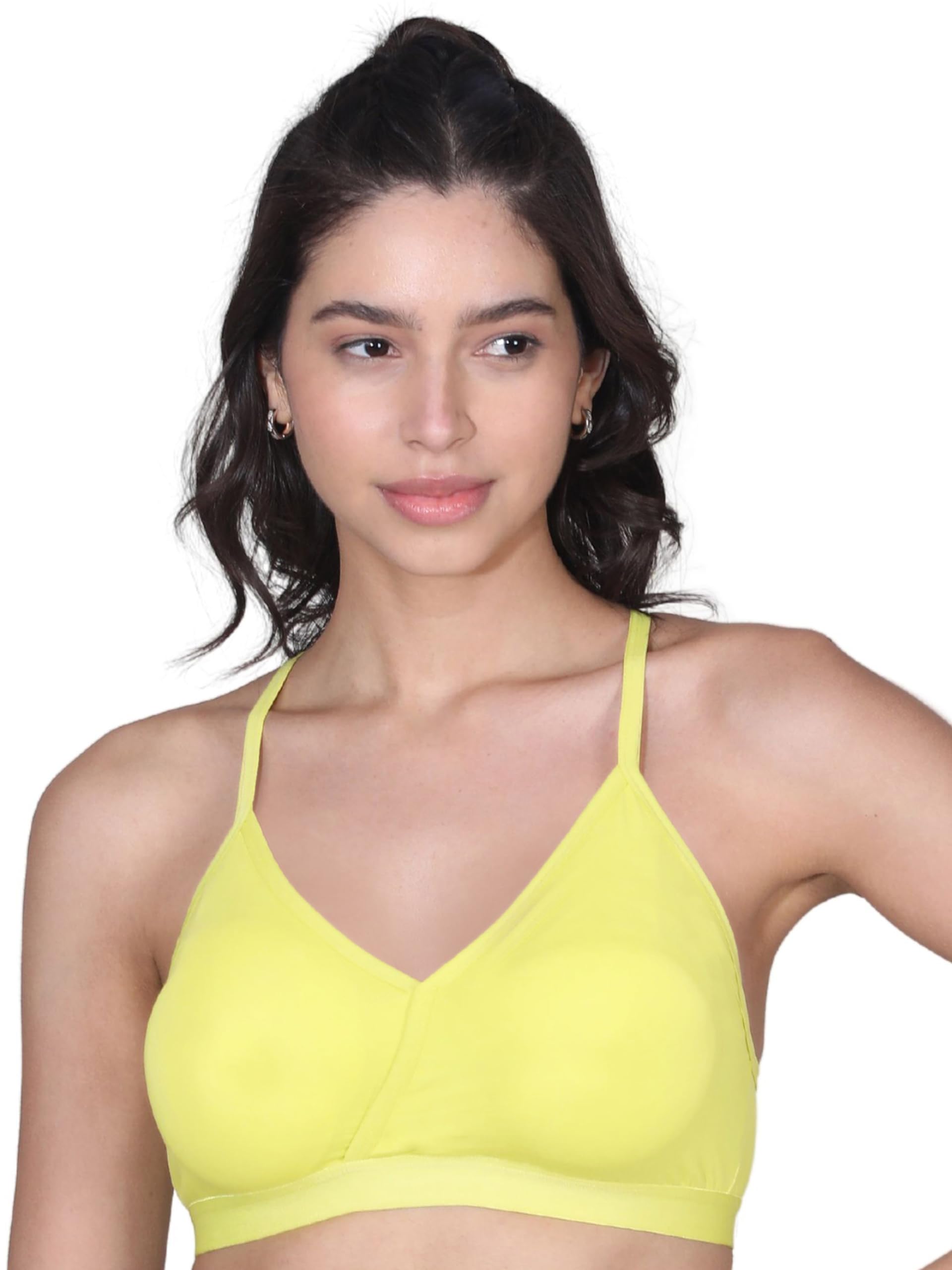 Essentials V-Neck Padded & Criss Cross Design Cotton Bra (Pack of 1) Seamless Bralette with Removable Pads Wire Free Sports Bras, Slip on T-Shirt Cami Bra Gym Activewear for Young Women-image-13