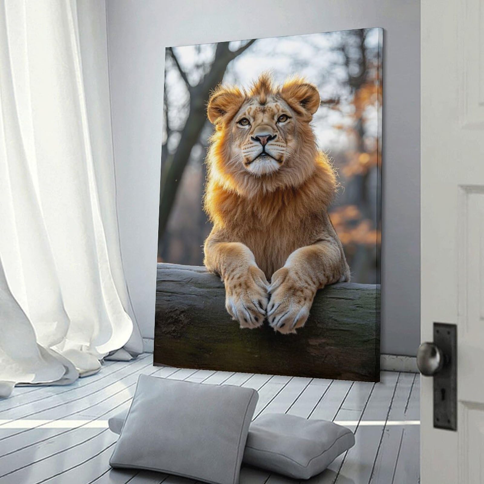 Junmoney Young Lion Portrait on A Log Canvas Art Print, 20x30inch(50x75cm), for Living Room, Bedroom, Office Or Hallway, Decorative Artwork with Broad Appeal