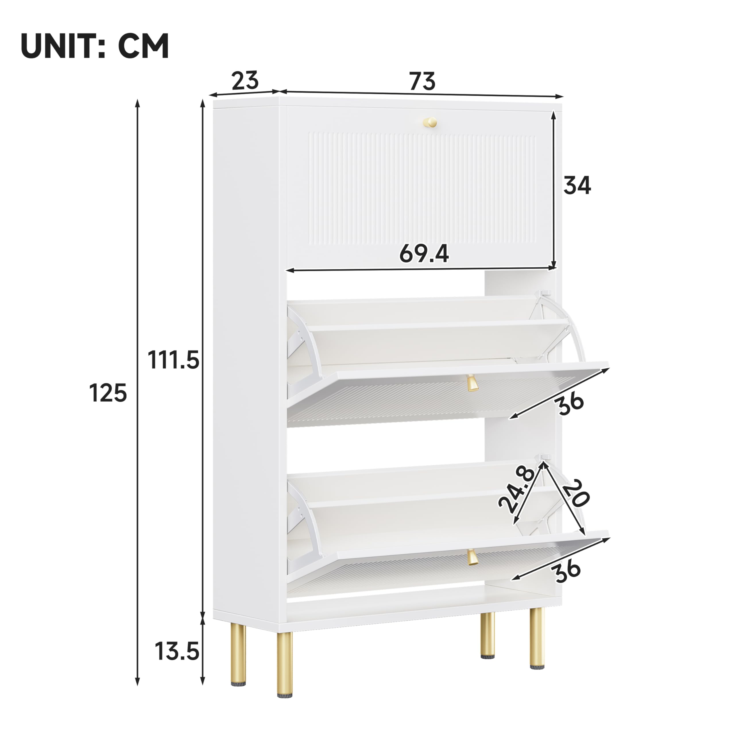 Scarpiera sottile, 73 x 23 x 125 cm, con 3 ante a ribalta, scarpiera con 6 ripiani per ingresso, design contemporaneo, bianco