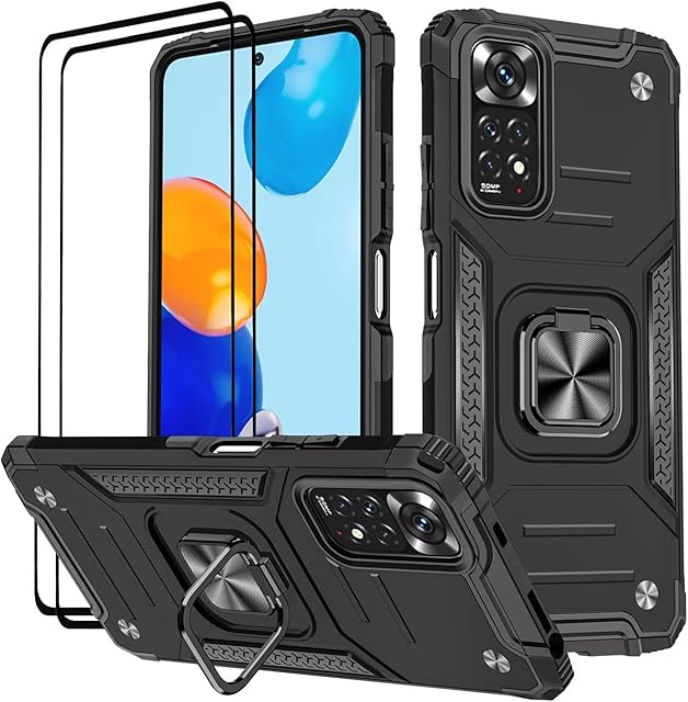KANSi Case for Xiaomi Redmi Note 11 Pro/Note 11 Pro 5G, Tempered Glass [2 Pack] Protective Silicone TPU Shockproof Tough Armor Hard Cover - Black