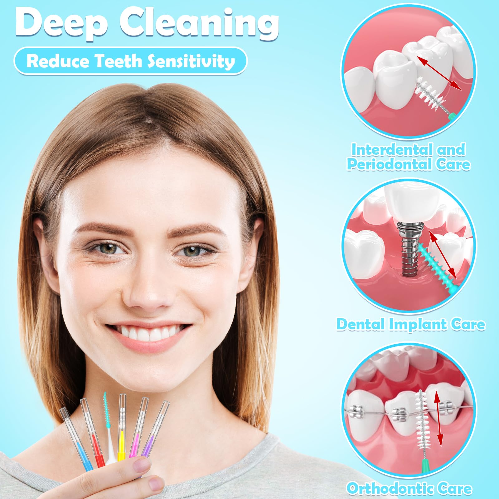 Jupwalz 270 cepillos interdentales de 6 tamaños, cerdas suaves, cabezales de hilo dental flexibles de 360°, cepillos dentales entre los dientes, kit de limpieza de dientes orales