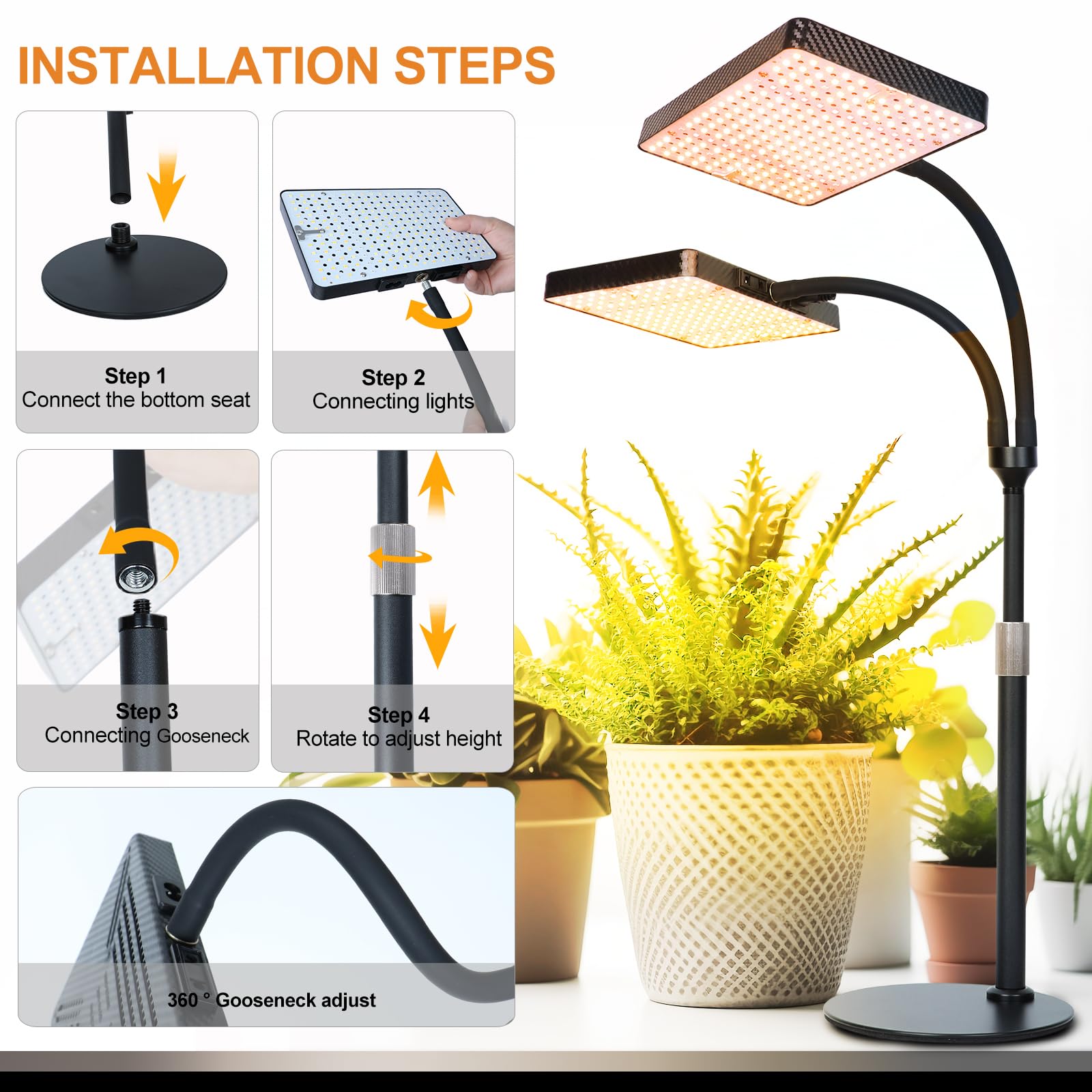 FECiDA 50 W, 2-głowicowa, pełne spektrum, lampa do roślin z programatorem czasowym do roślin pokojowych, lampa do uprawy roślin pokojowych, z lampami do uprawy kwiatów, warzyw z timerem 4/8/12/16/20 h