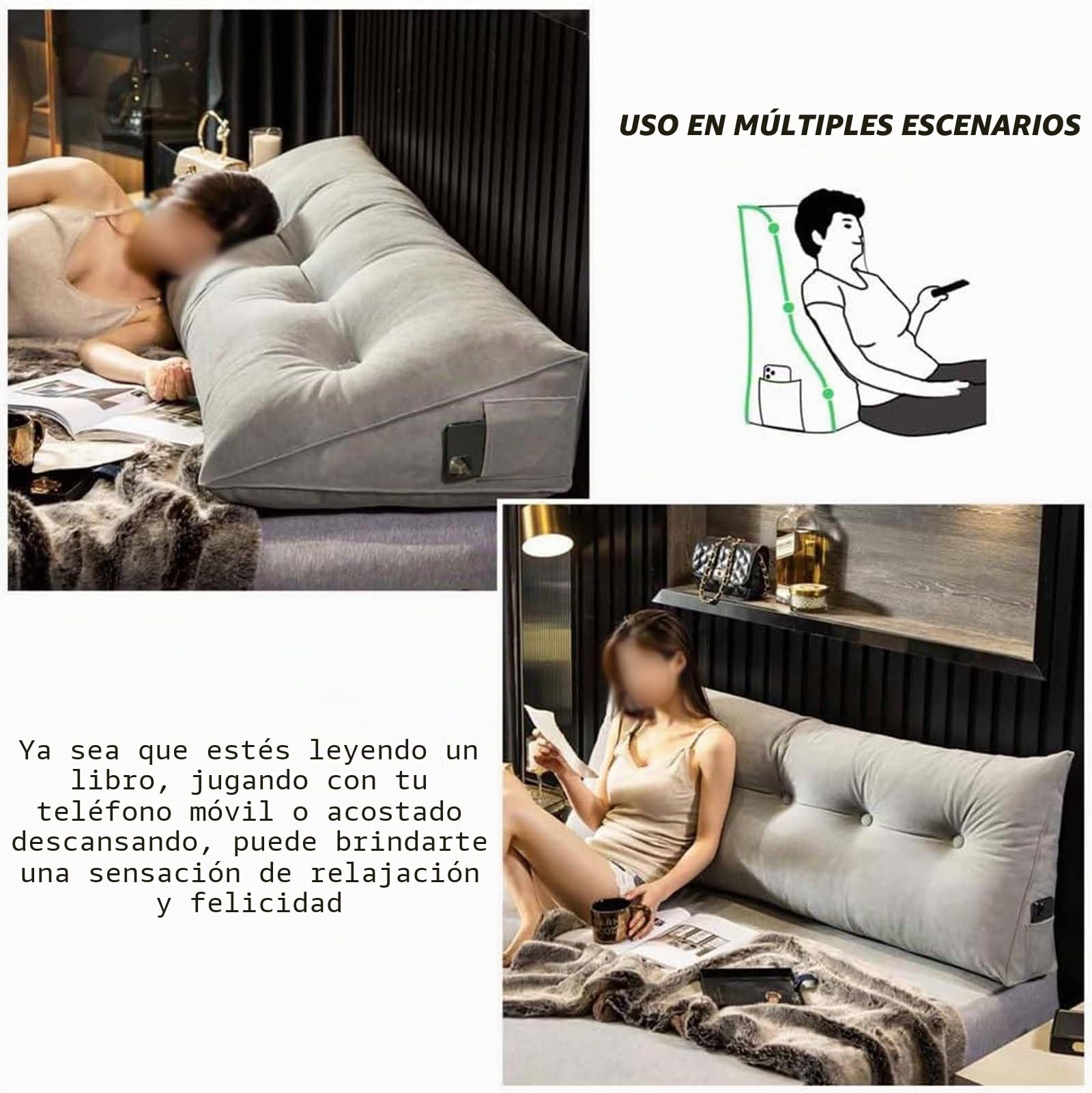 Genérico Almohadas Grandes de Cuña para Cabecero de Cama Almohada Triangular de Lectura Cojín de Apoyo Lumbar Respaldo de Cintura Cojín de Posicionamiento Suave para Sofá Cama,D,60x20x50cm