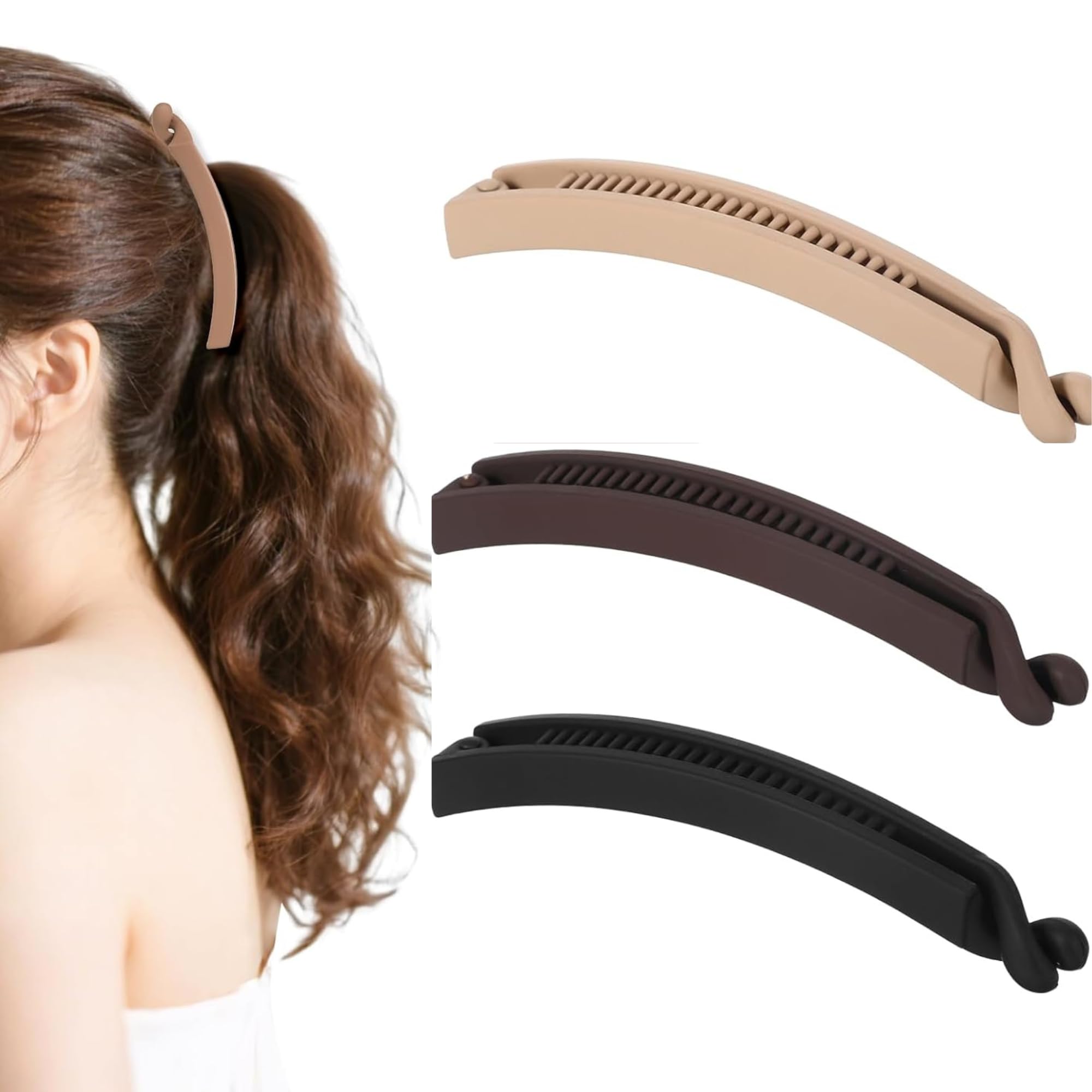 ENZAMOL 3 PCS French Banana Clips for Hair Big Size Ponytail Clip Banana Clutchers for Women Banana Hair Clips Non-Slip Fish Shaped Double Combs Hair Holder Beige, Light Coffee & Black-image-27