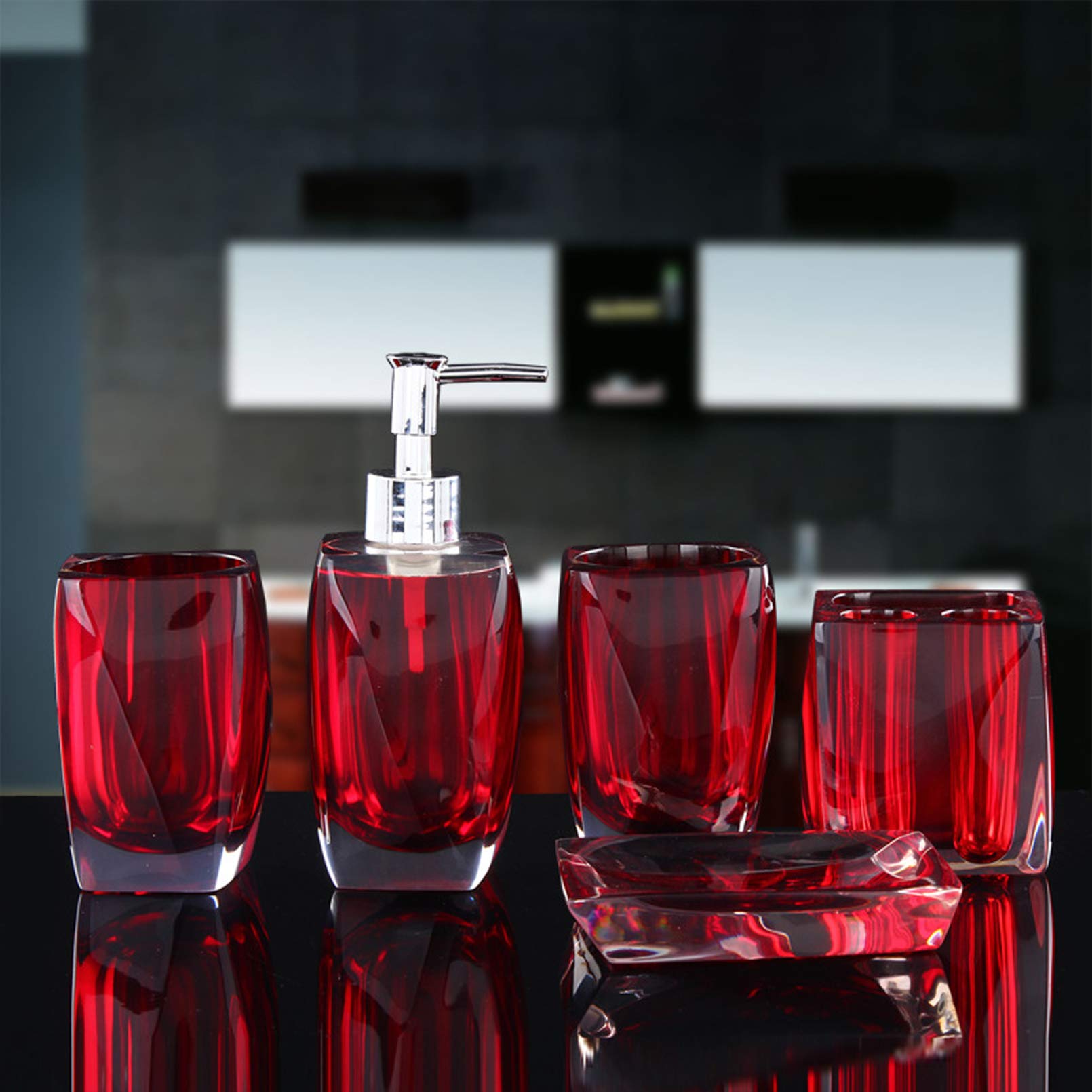 Cutfouwe Accesorios De Baño De 5 Piezas Conjunto De Baño Conjunto De Baño Accesorios De Baño Conjunto Accesorios De Baño De Resina, 2 Tazas De Cepillo De Dientes, Titular De Cepillo De Dientes,Rojo